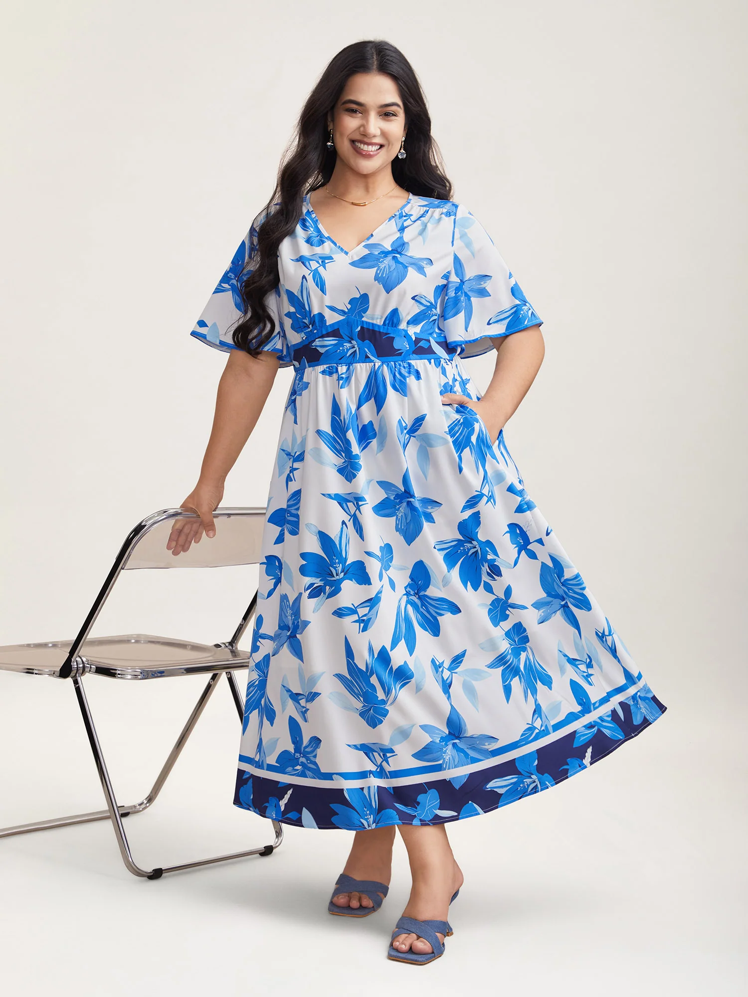 Positioned Floral Waist-Cinched Midi Dress
