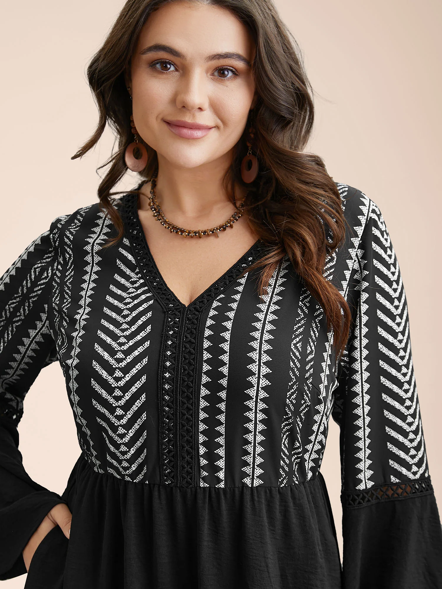 Printed Color-Block Bell Sleeve Midi Dress