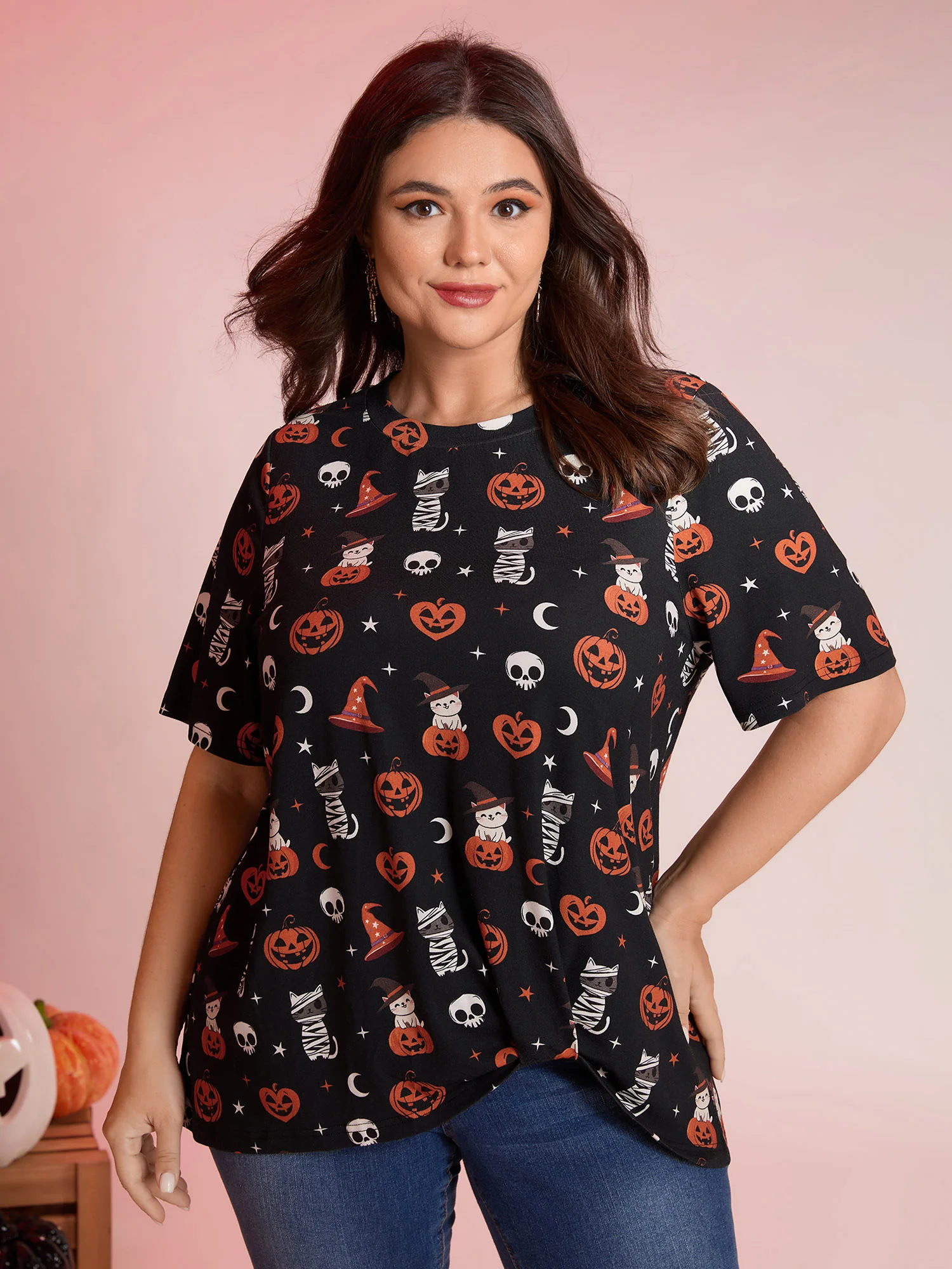 Pumpkin Everywhere Print Overlap Hem T-Shirt