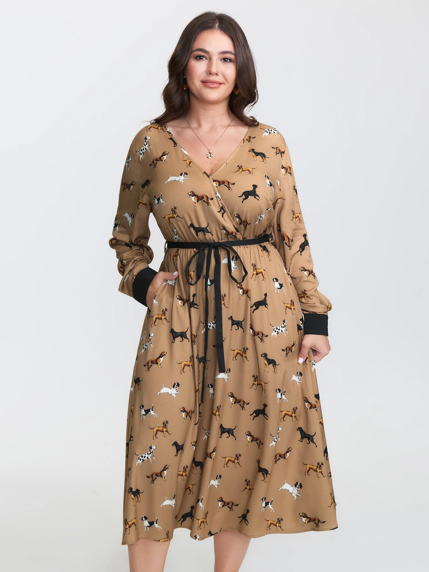 Puppy Print Waist-Tie Color Contrast Midi Dress