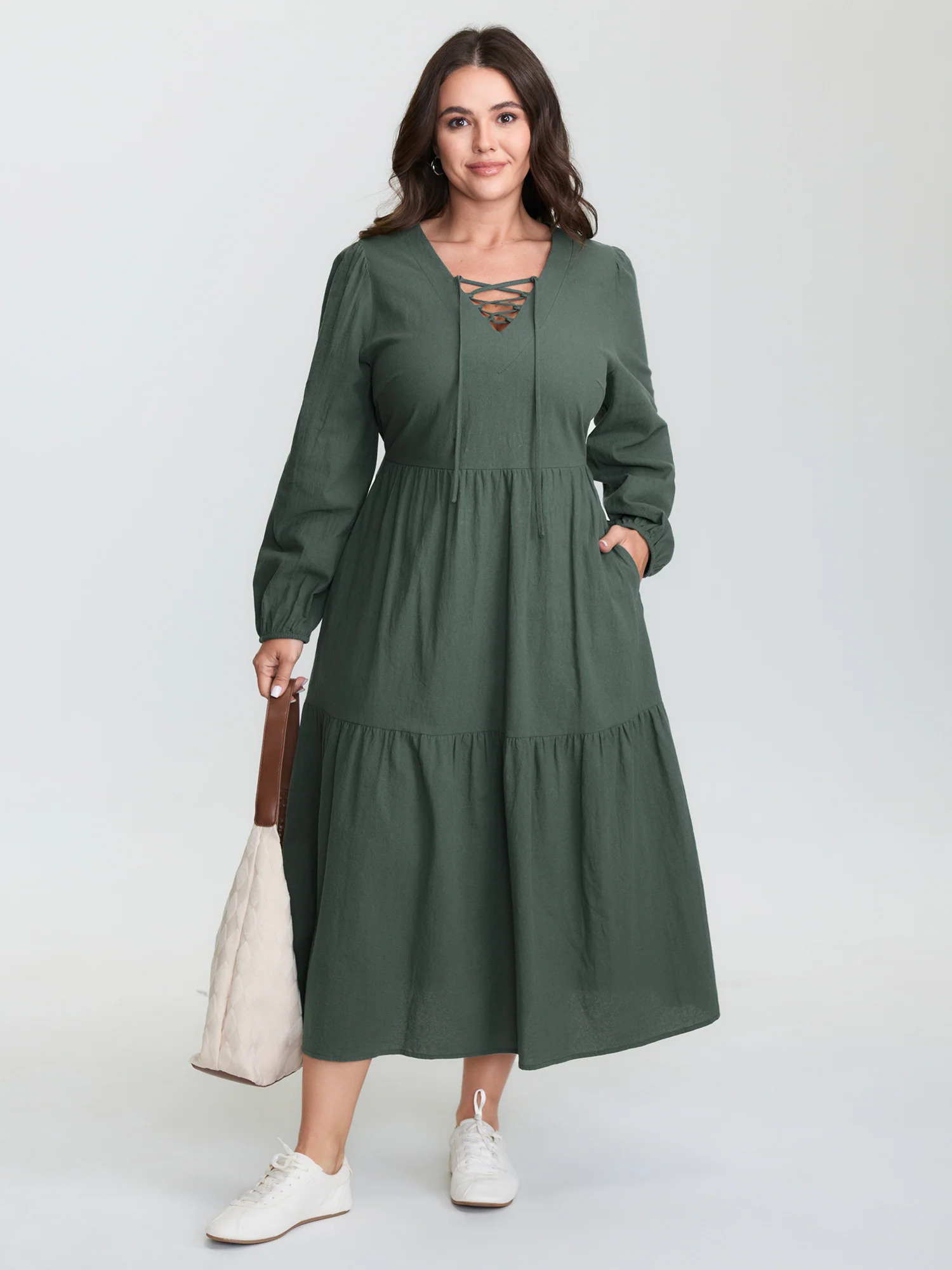 Pure Cotton Cross-Tie Neckline Midi Dress