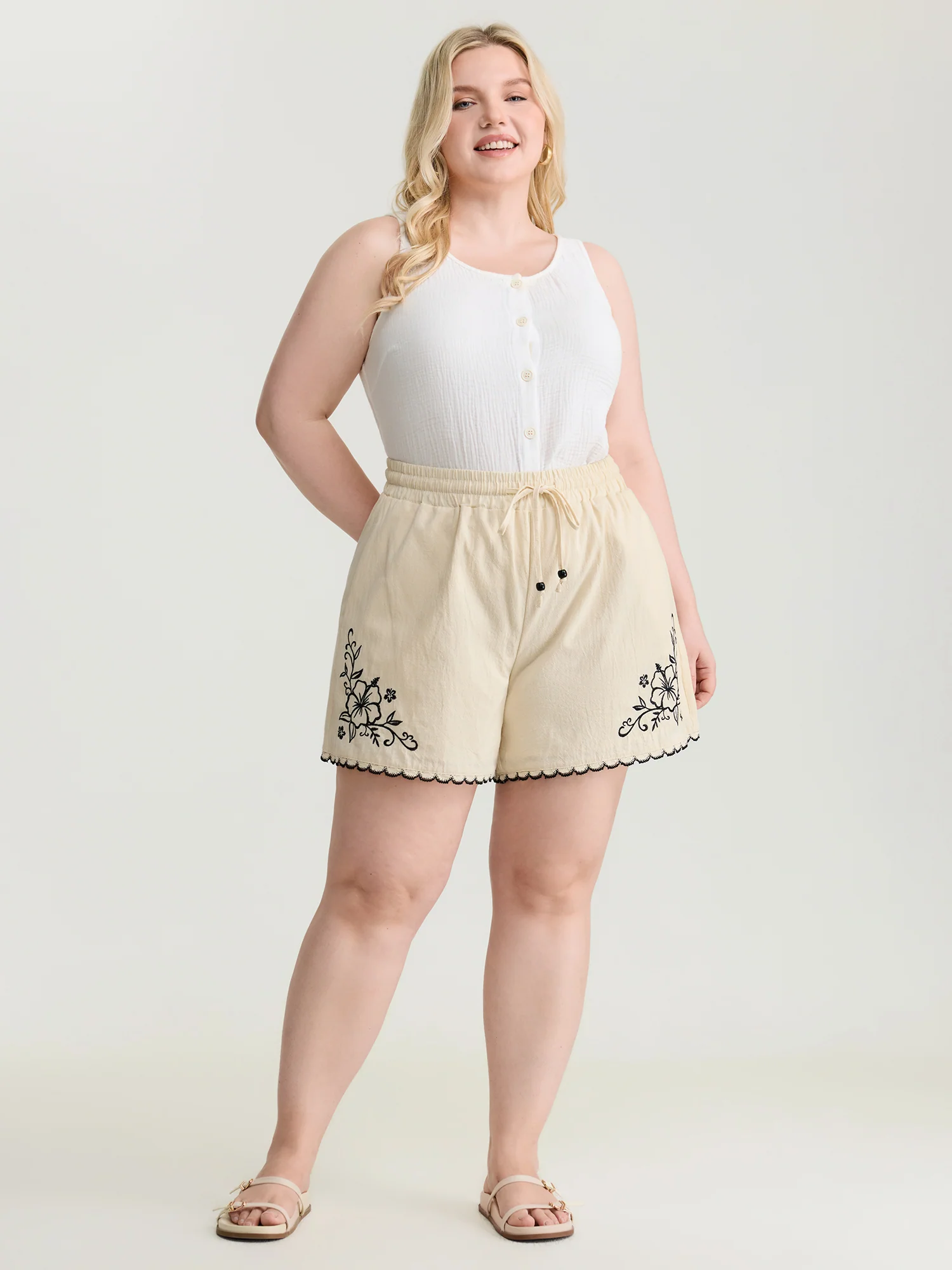 Pure Cotton Embroidered Hem Drawstring Shorts