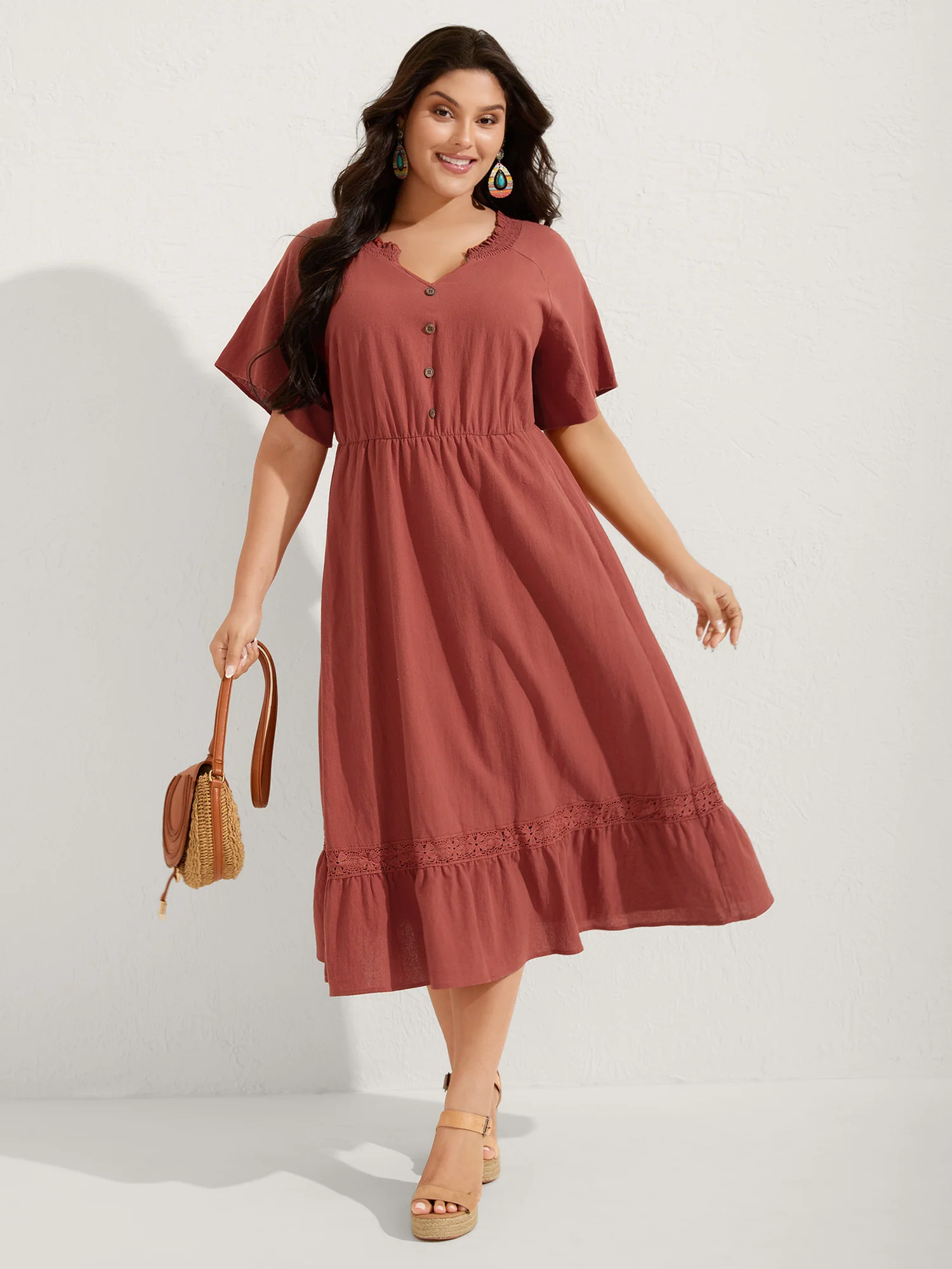 Pure Cotton Lace Trim Pockets Midi Dress