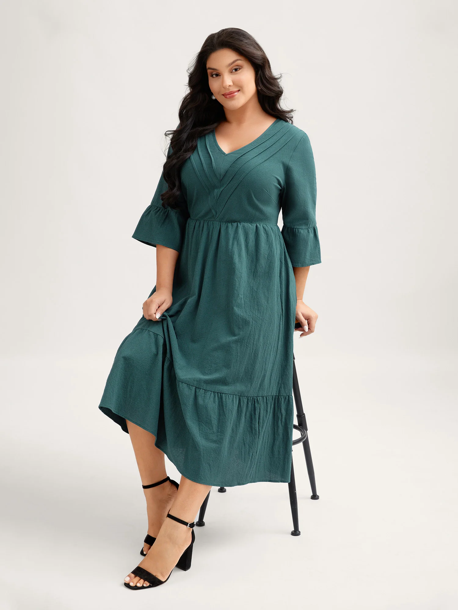 Pure Cotton Toothpick Pleats Tiered Midi Dress