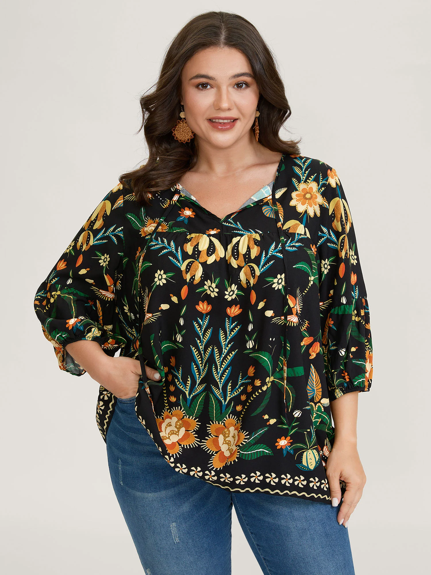 Rayon Boho Floral Neck Tie Blouse