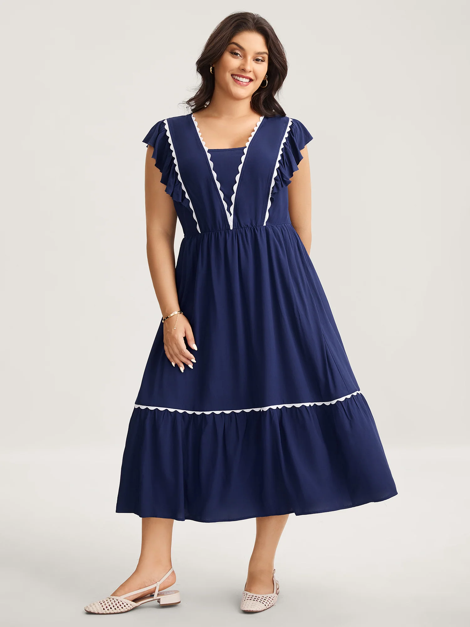 Rayon Collar Ribbon Contrast Pockets Midi Dress