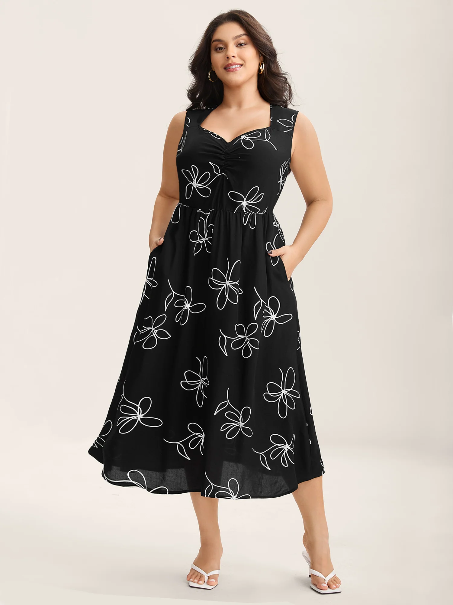 Rayon Floral Print Pockets Sleeveless Midi Dress