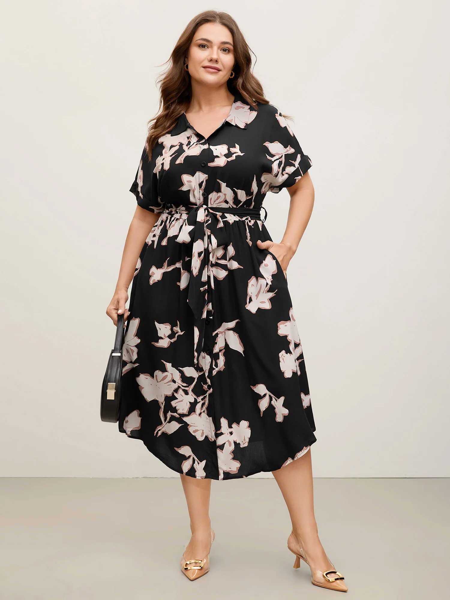 Rayon Floral Stretchy Waist Pockets Midi Dress