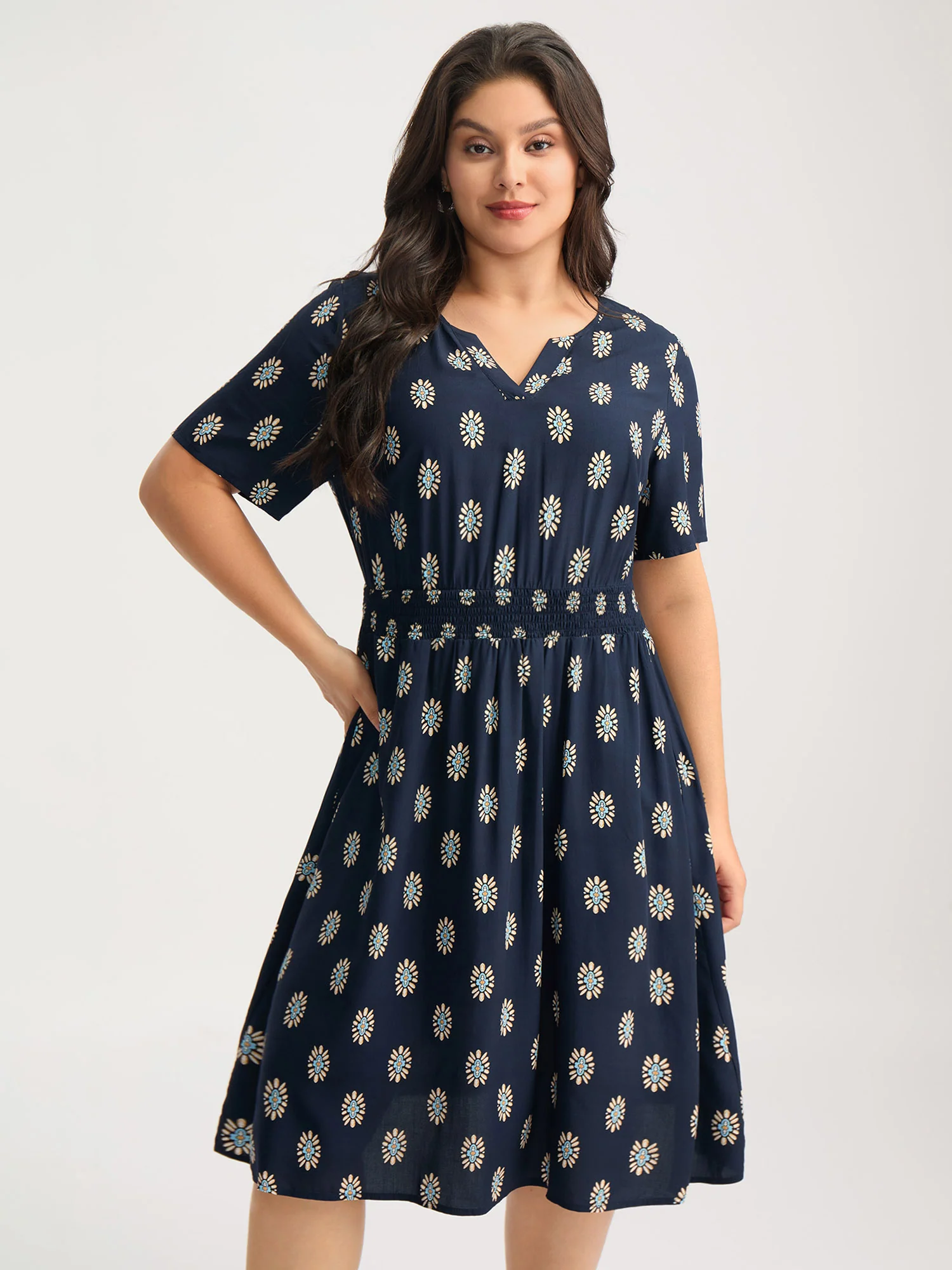 Rayon Geometric Floral Print Shirred Midi Dress