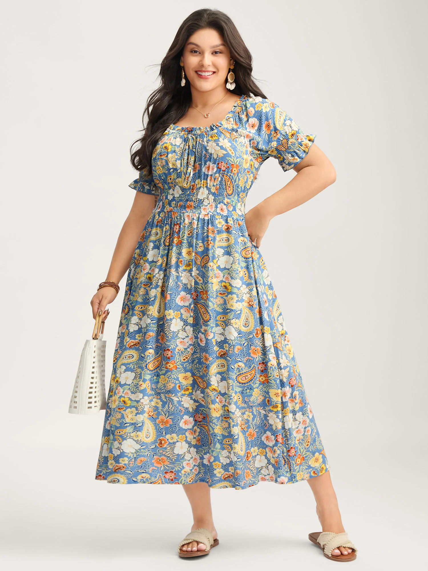 Rayon Paisley Ruffled Shirred Waist Midi Dress