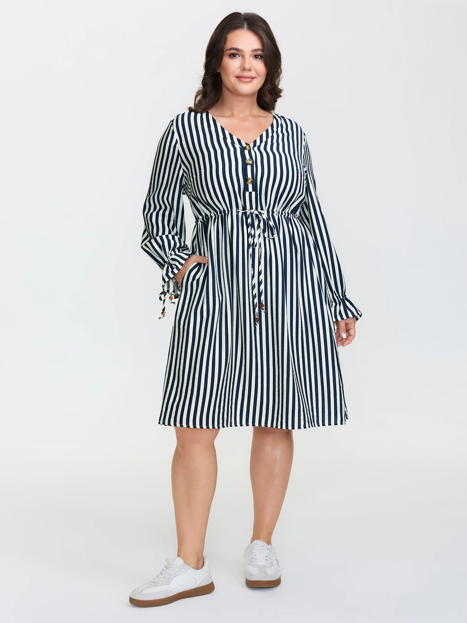 Rayon Stripe Pockets Drawstring Midi Dress