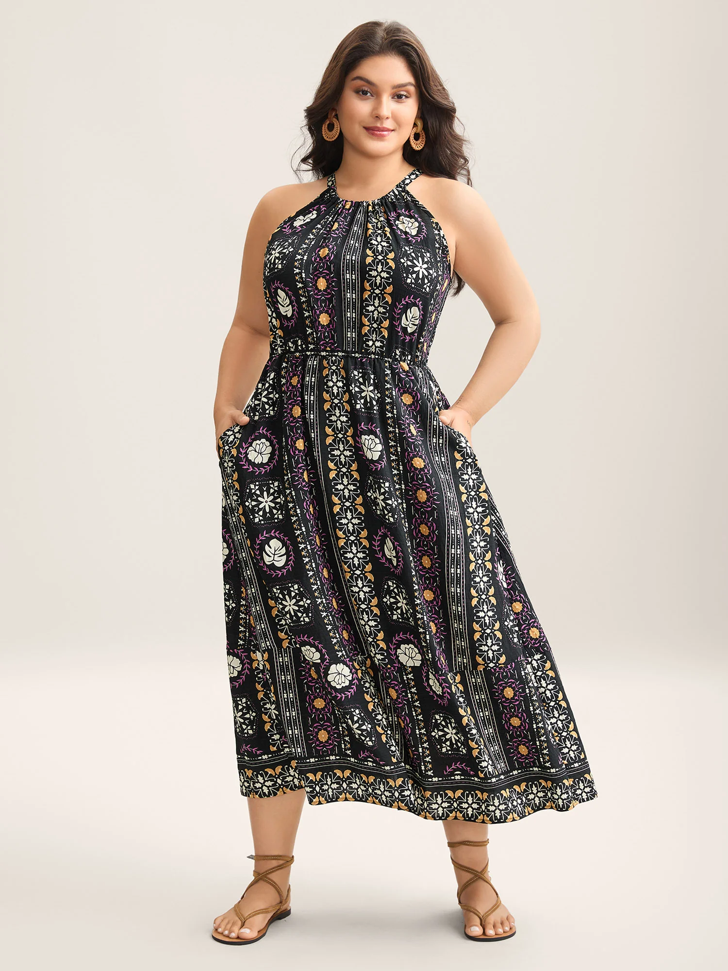 Rayon Tropical Boho Print Stretchy Midi Dress