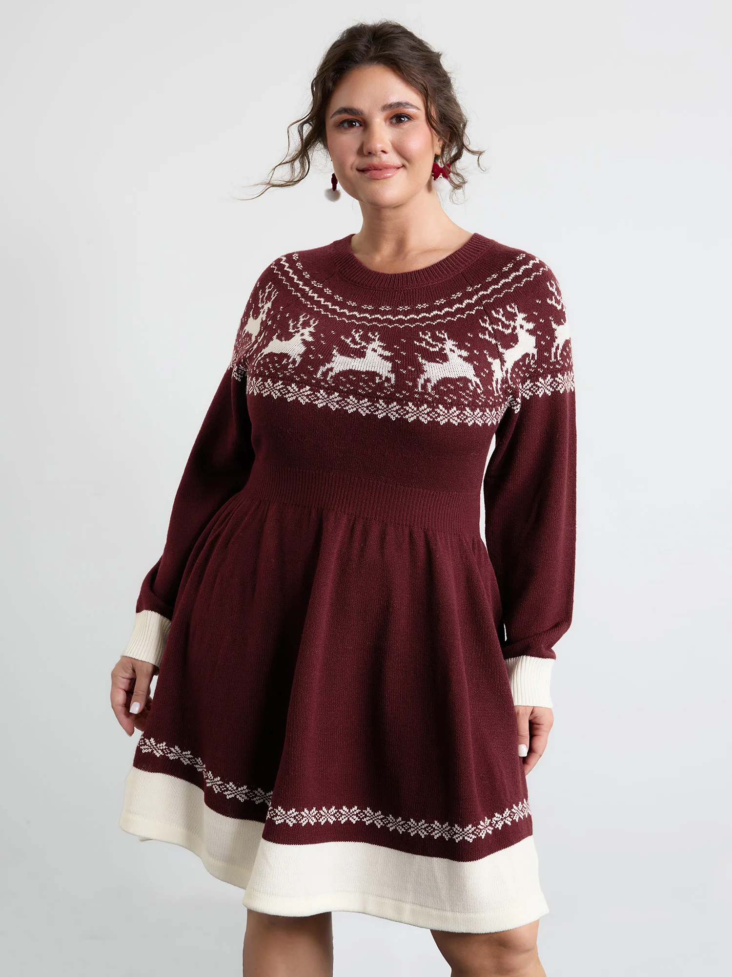 Reindeer Print Cinched-Waist Sweater Mini Dress