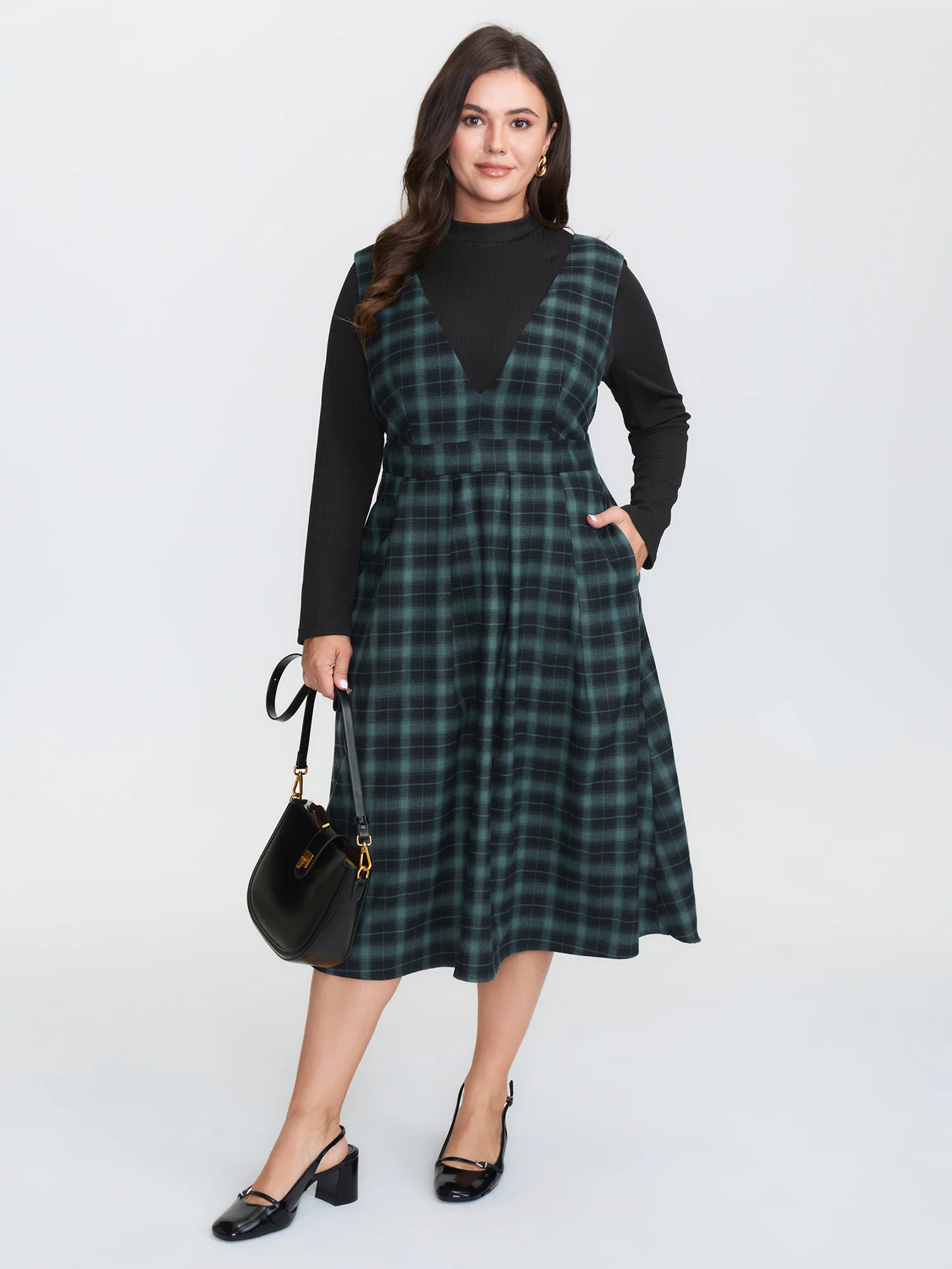 Retro Checkered Print V-Neck Overall Midi Dress