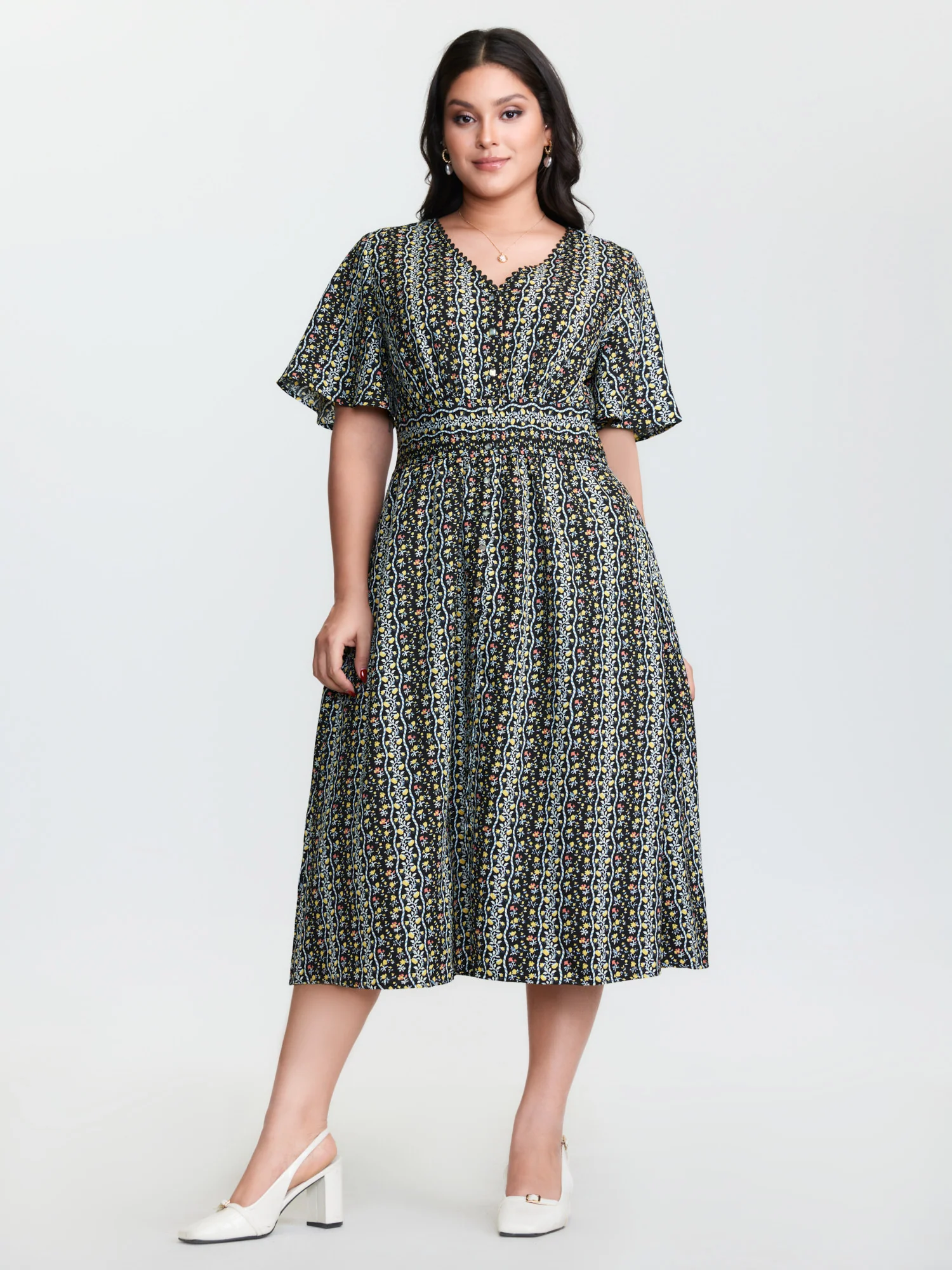 Retro Floral Striped Shirred Waist Midi Dress