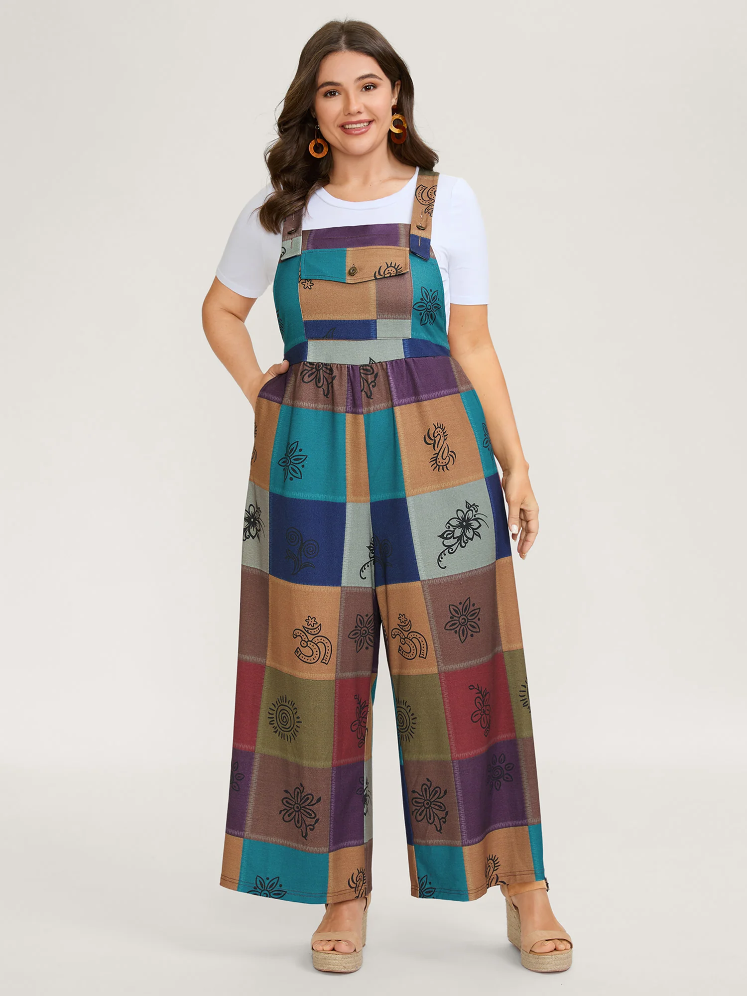 Retro Patchwork Print Stretchy Waist Jumpsuit