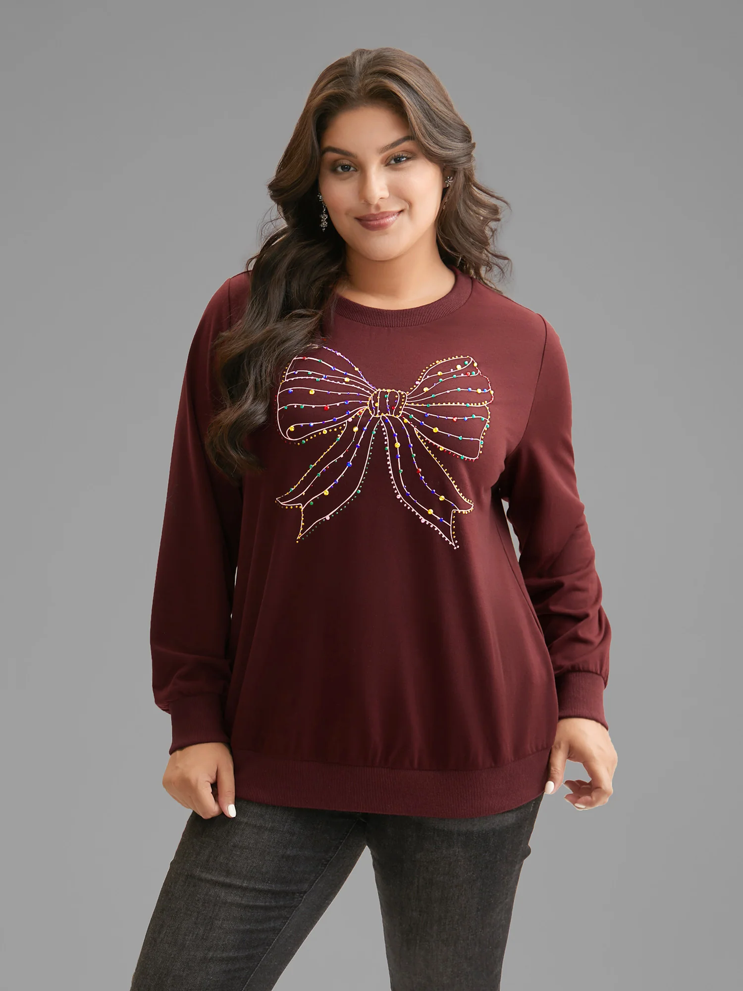 Rhinestone Embellished Bow Straight-Fit Sweatshirt