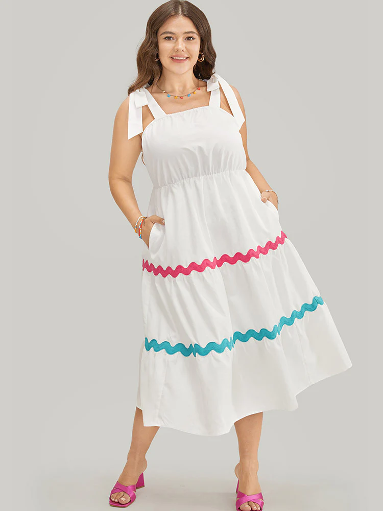 Ripple Print Contrast Pocket Flutter Hem Knot Shoulder Tank Dress