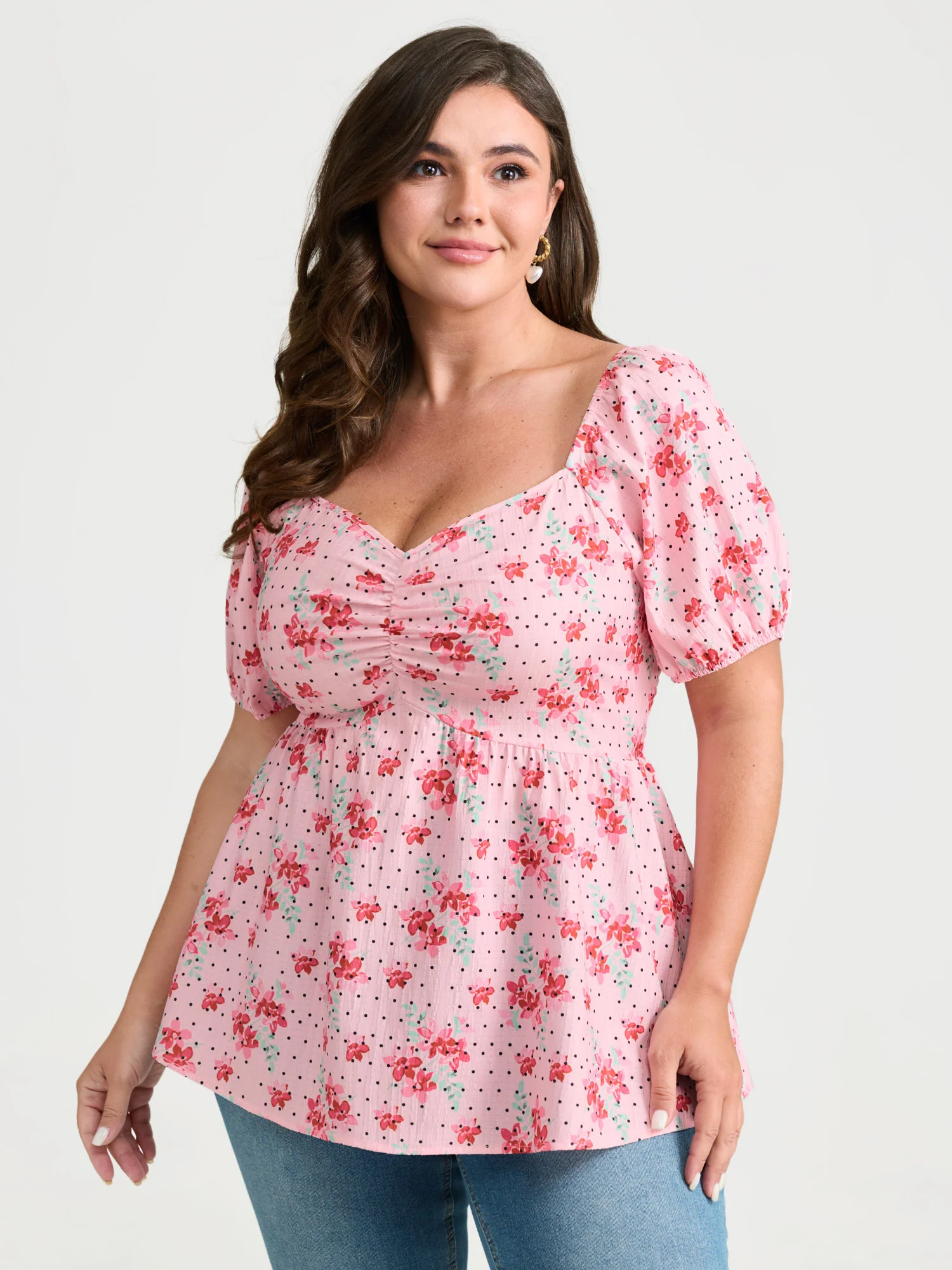 Romantic Floral Print Ruched Blouse