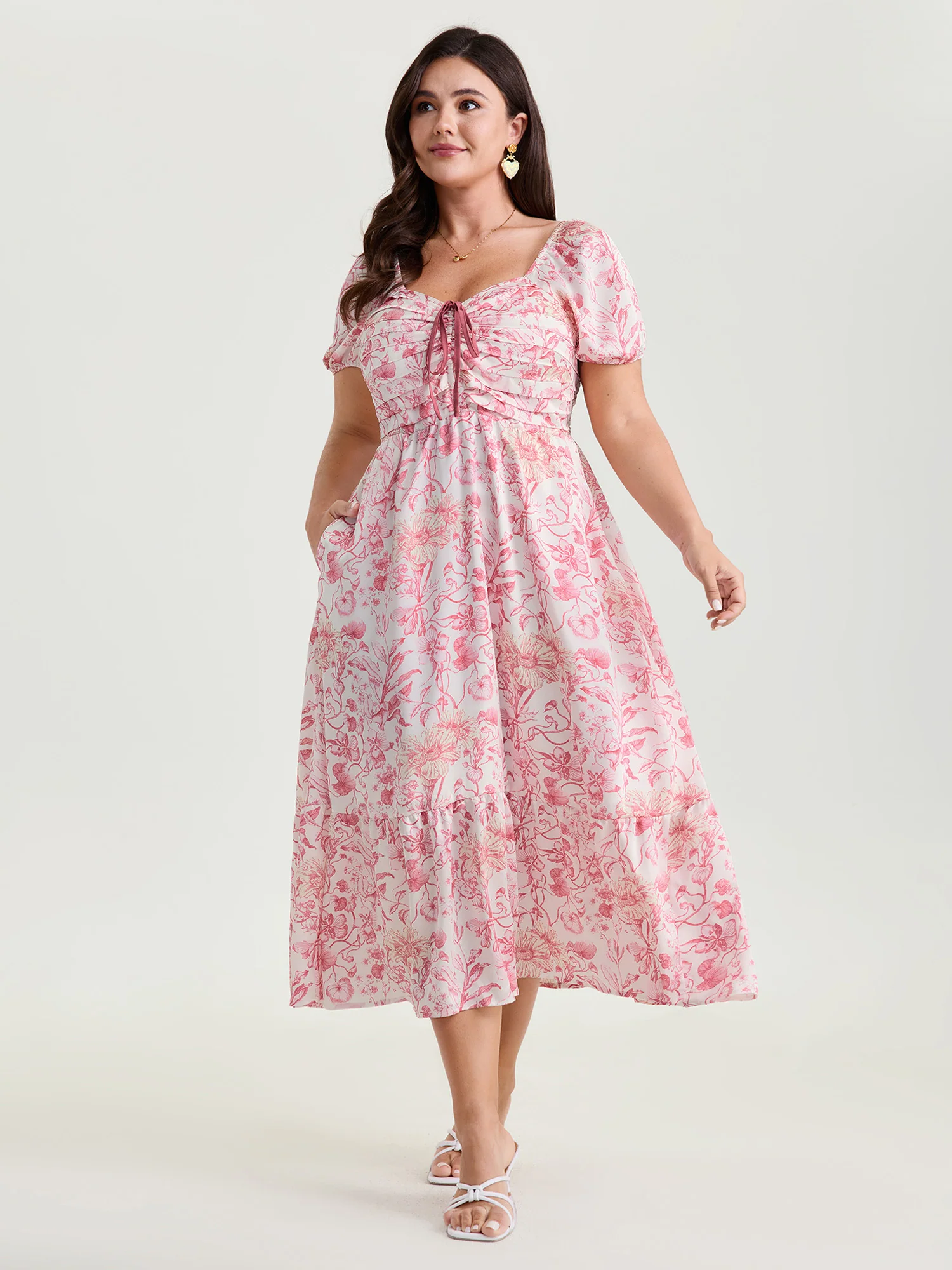 Romantic Floral Ruched Bodice Stretchy Waist Midi Dress
