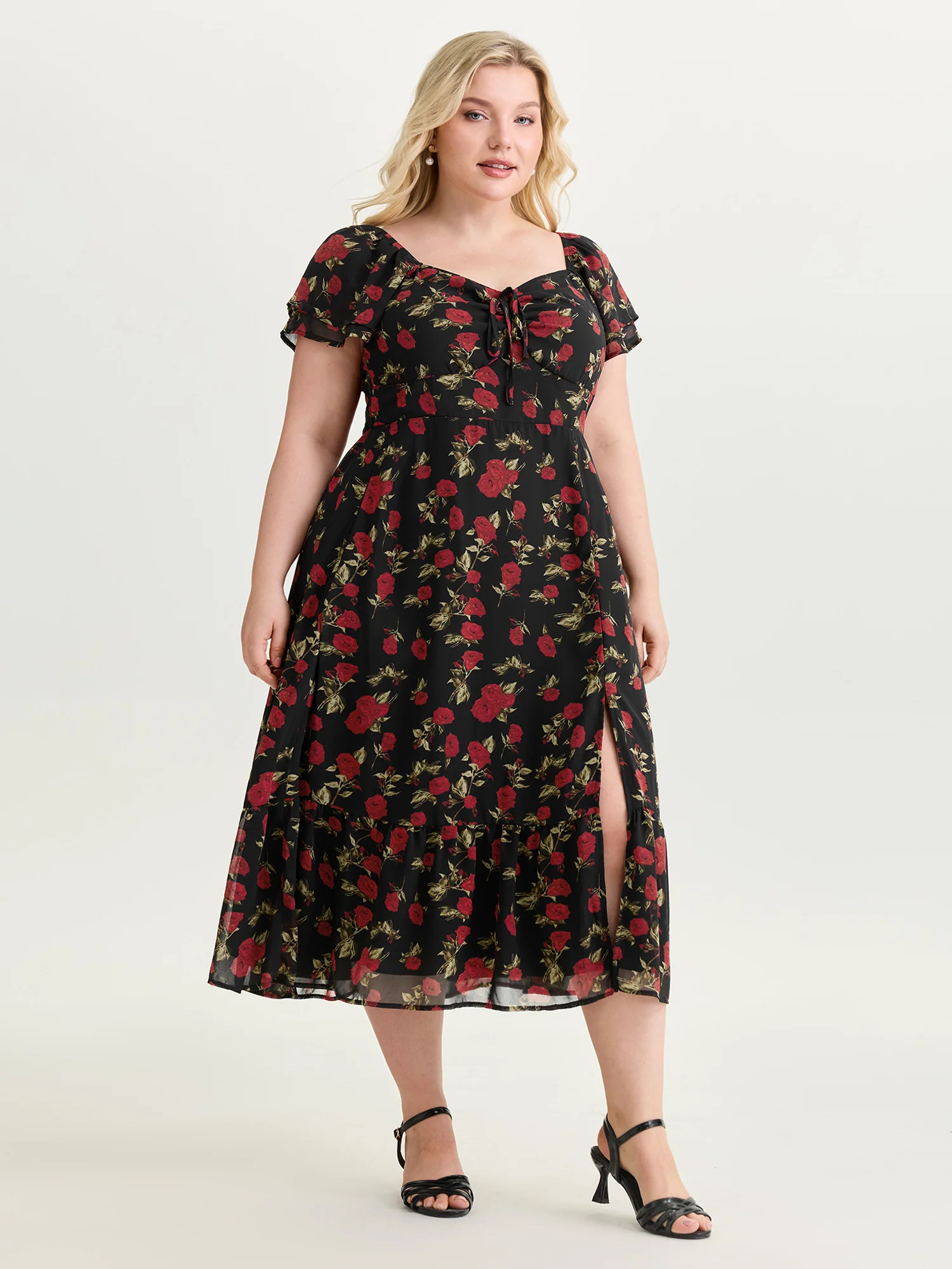 Rose Print Bustier Drawstring Midi Dress