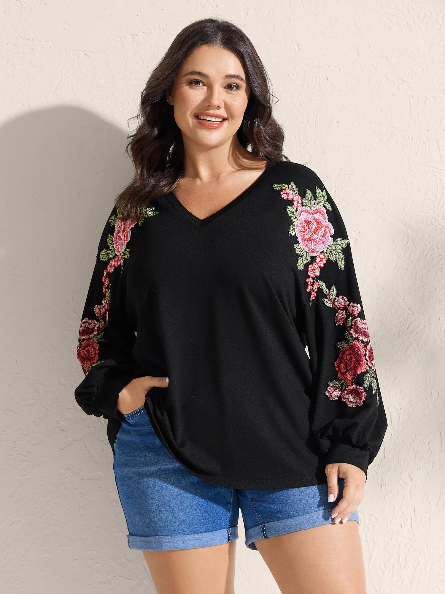 Rosy Embroidered Puffy Sleeve Sweatshirt