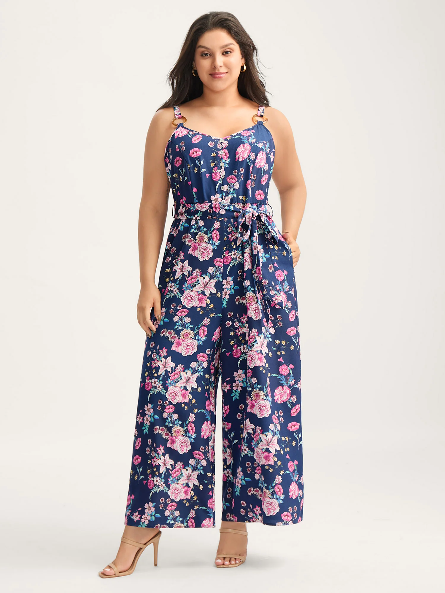 Rosy Print Belted Pockets Jumpsuit