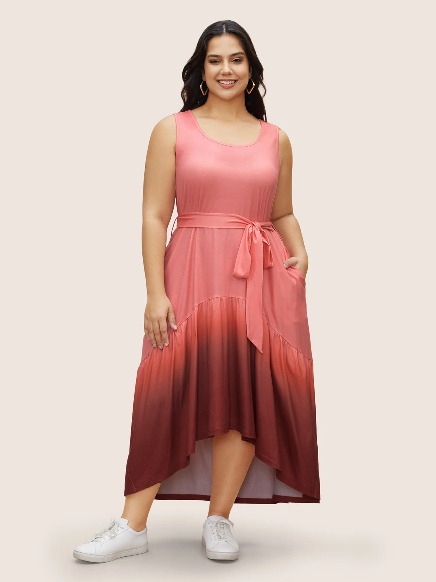 Round Neck Ombre Belted Tank Dress