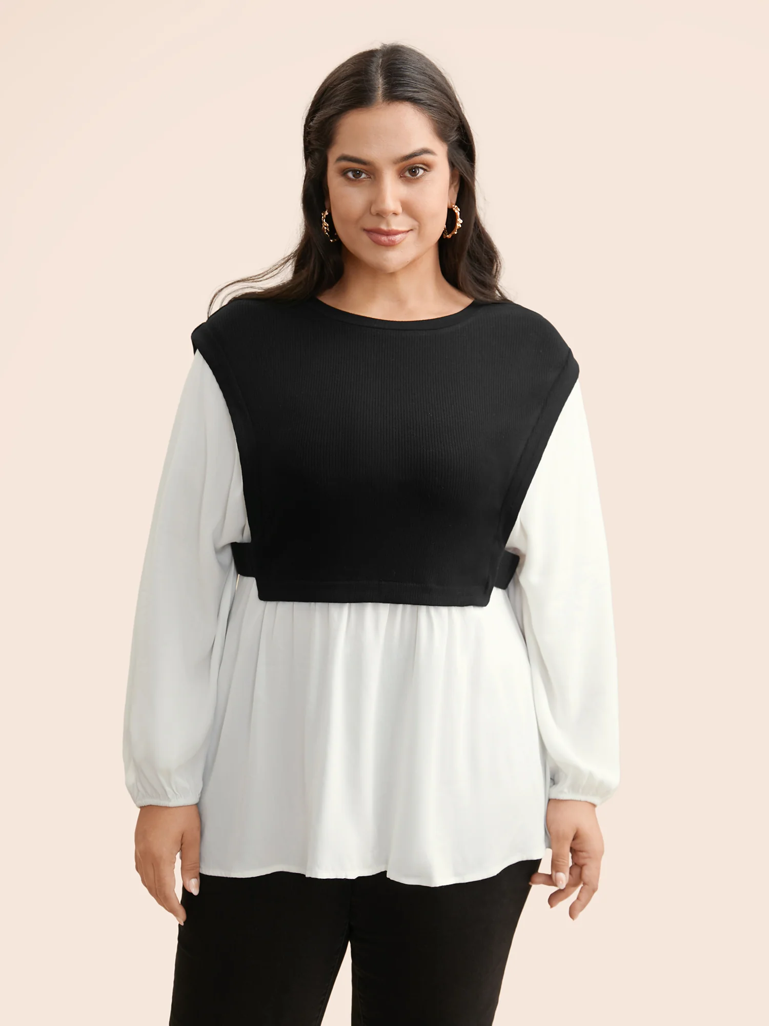 Round Neck Patchwork Contrast Gathered Blouse