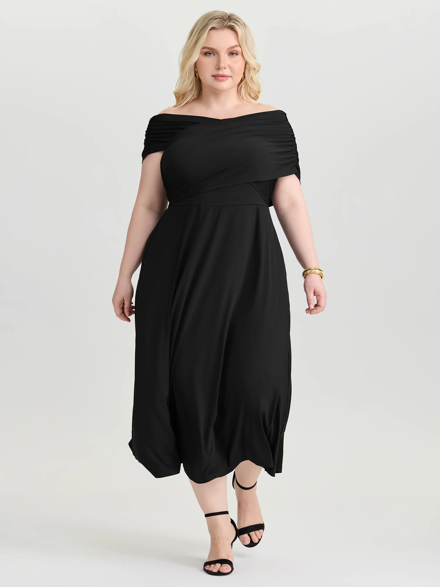 Ruched Overlap Bodice Fit And Flare Midi Dress