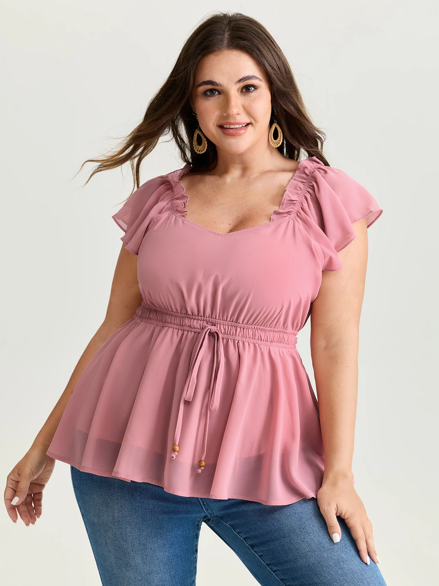 Ruffled Neckline Drawstring Shirred Waistline Blouse