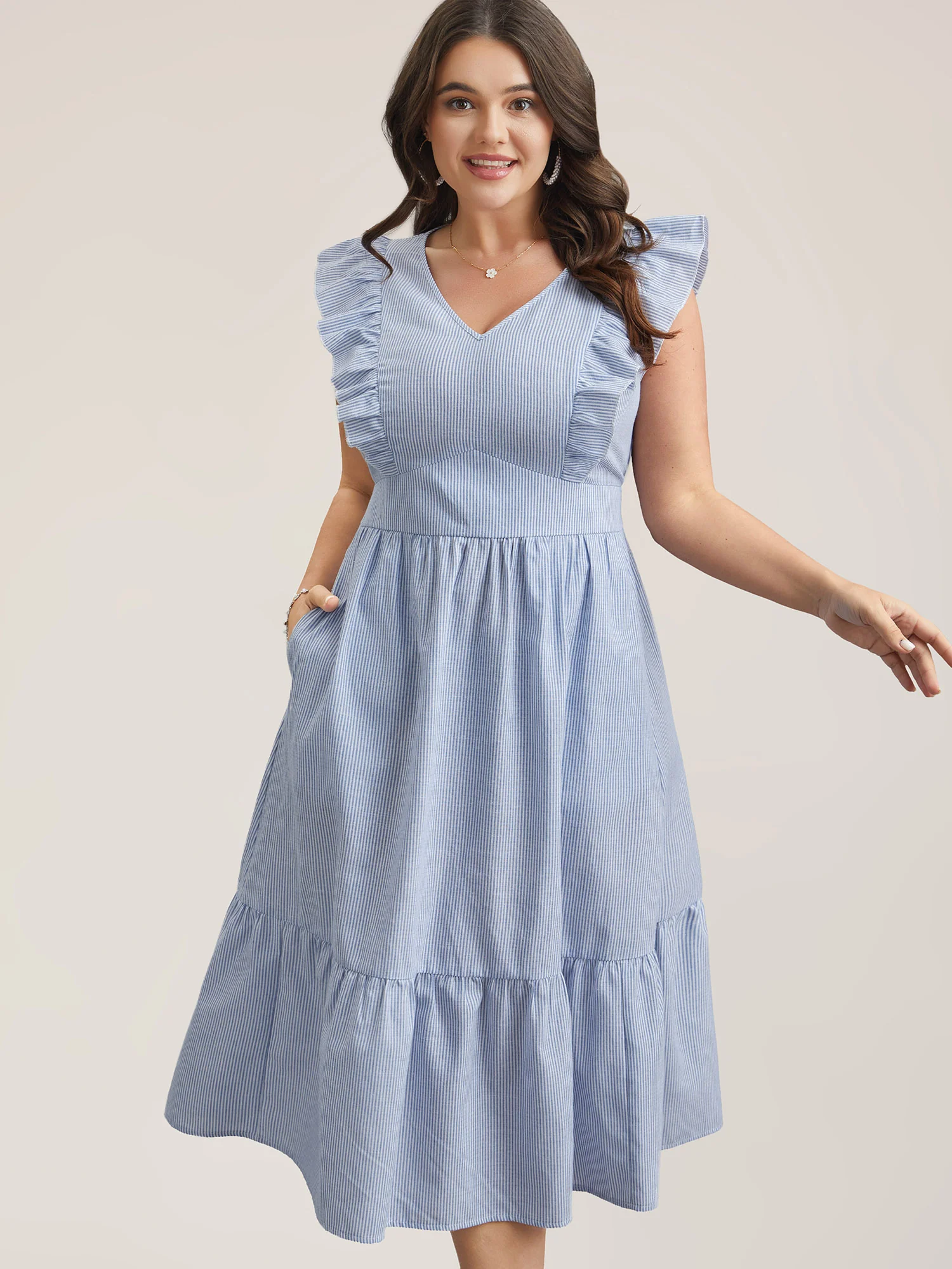 Ruffled Striped Print Triangular Waist Midi Dress - Image 2