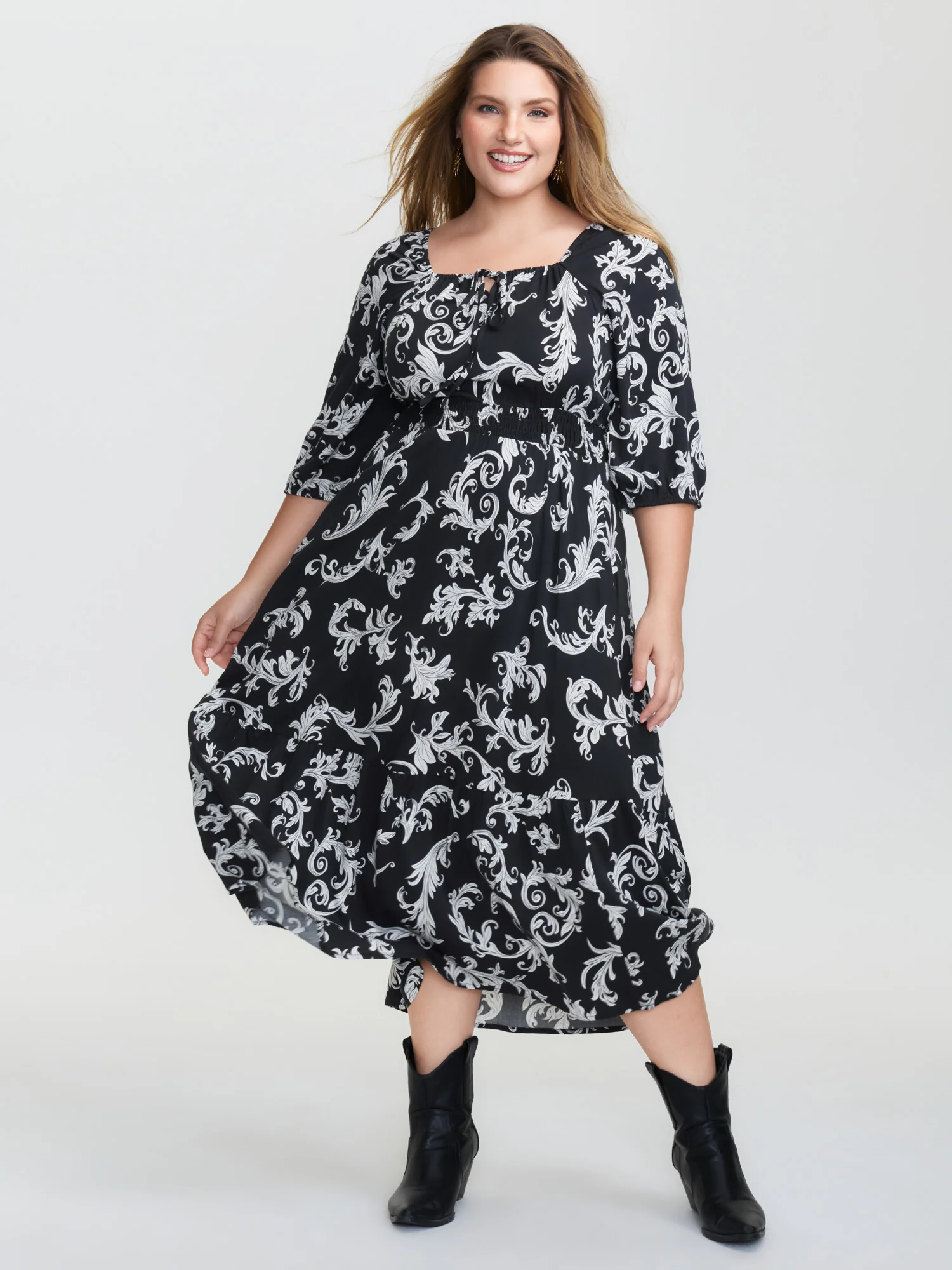 Scroll Pattern Adjustable Drawstring Pockets Midi Dress