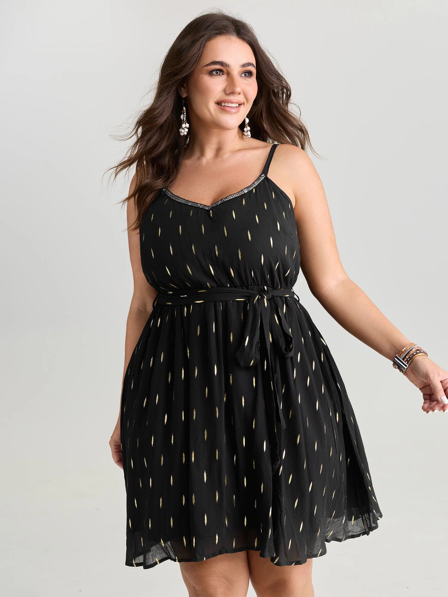 Sequin Neckline Textured Waist-Tie Mini Dress