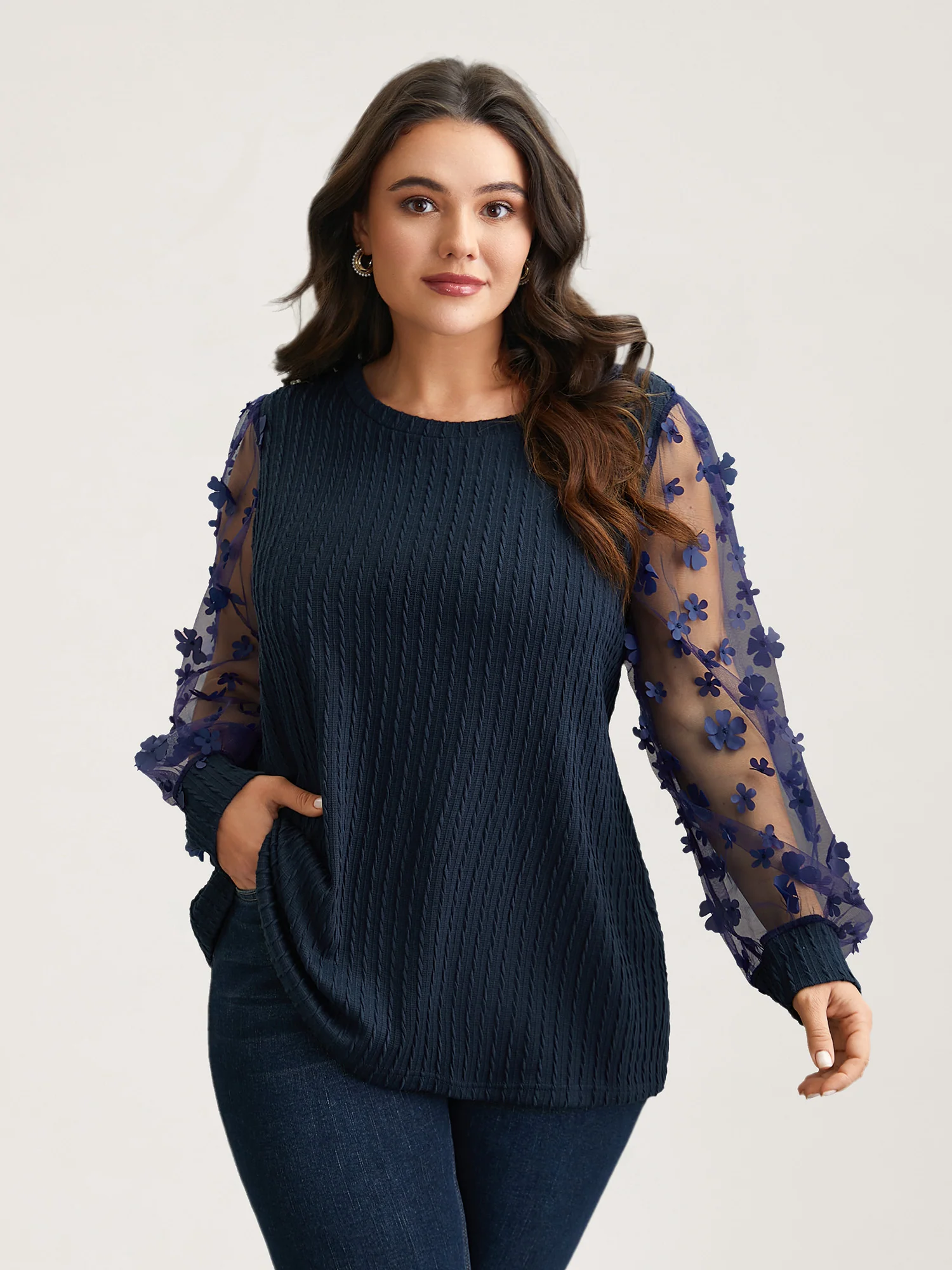 Sheer Sleeve Textured Patchwork Round Neck T-Shirt