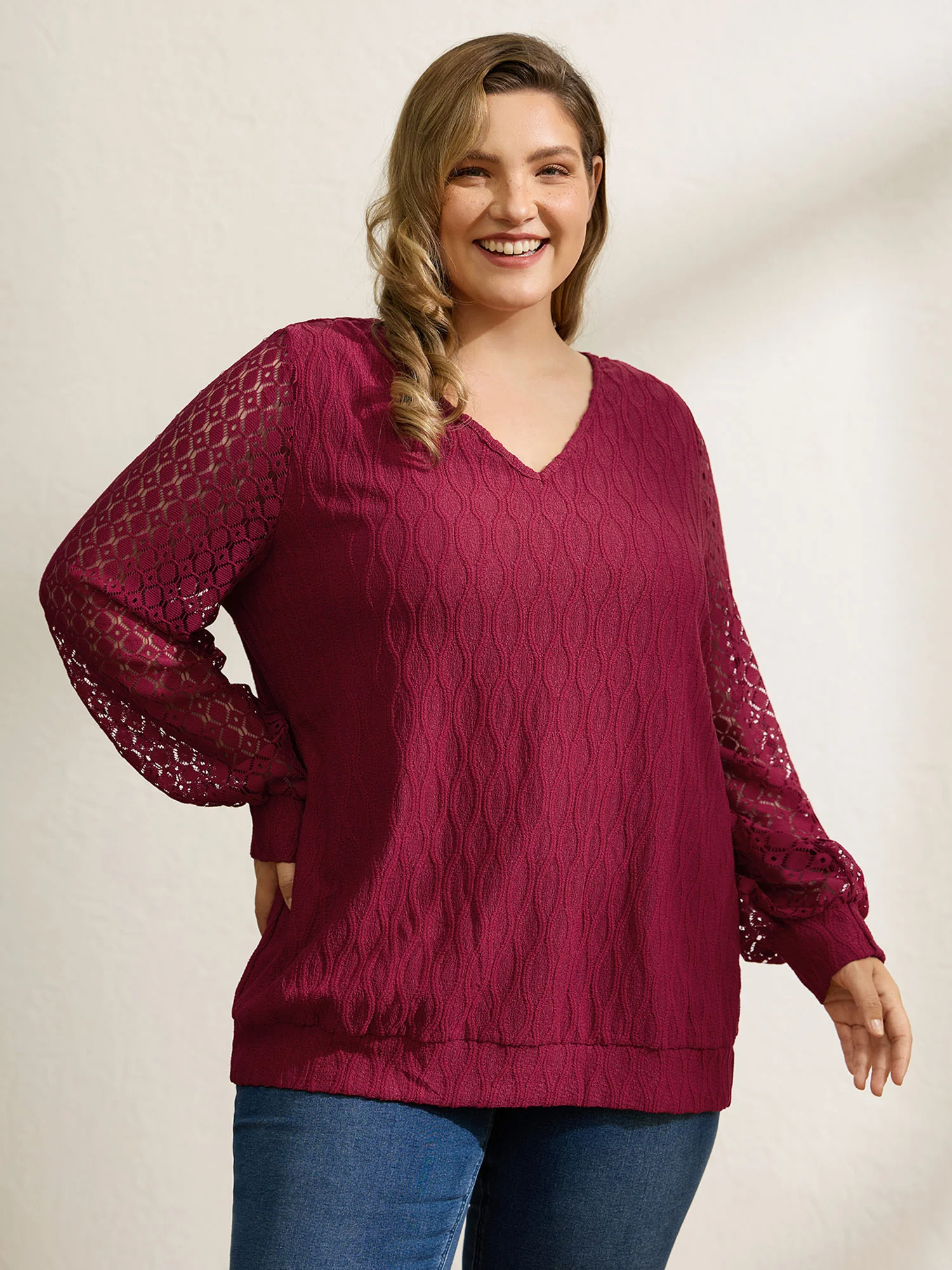 Sheer Textured Sleeve Stretchy Knit Top