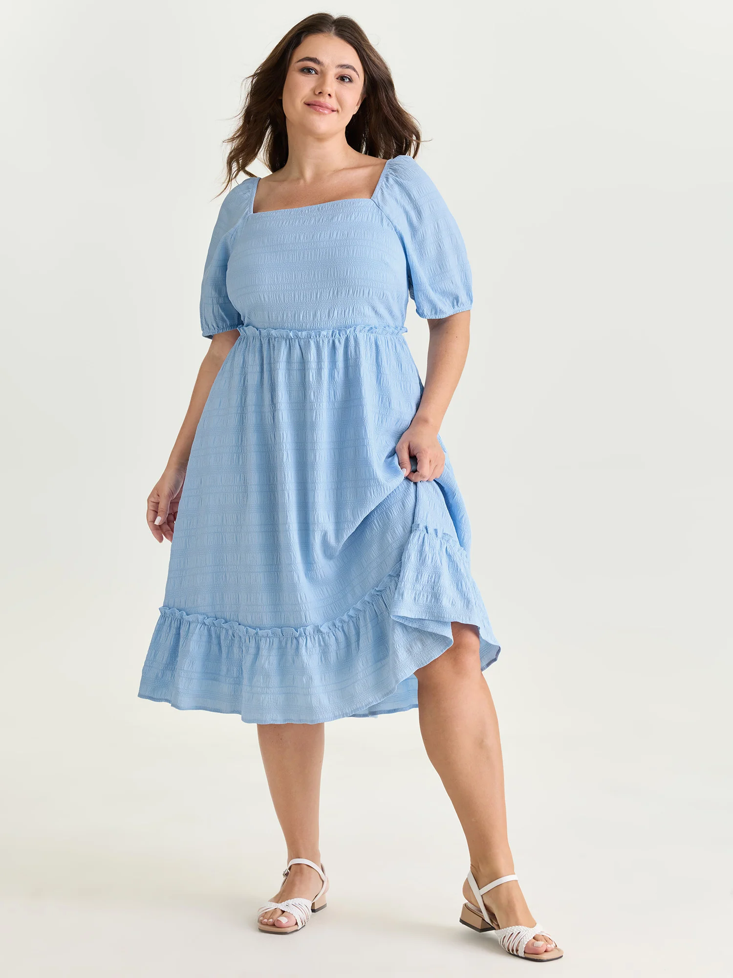Shirred Open Back Ruffled Hem Midi Dress
