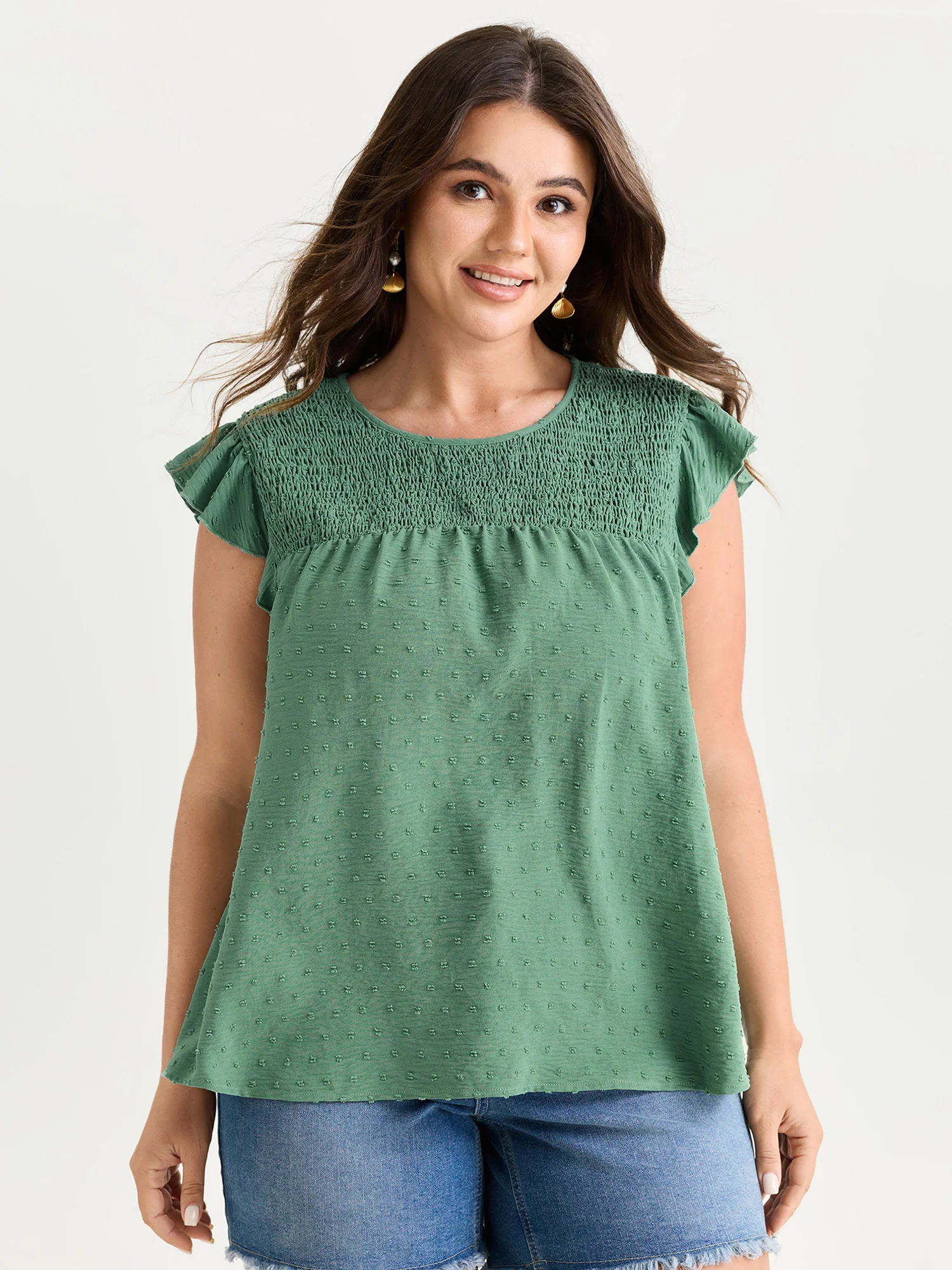 Shirred Round Neckline Flutter Sleeve Blouse