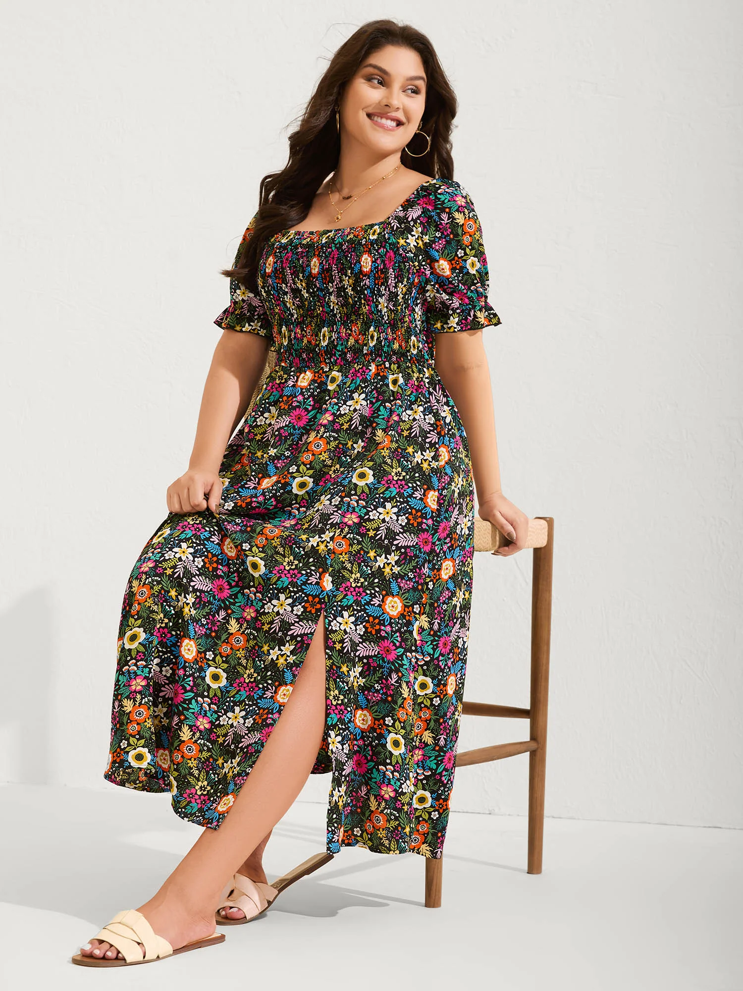 Shirred Stretchy Waist Floral Maxi Dress