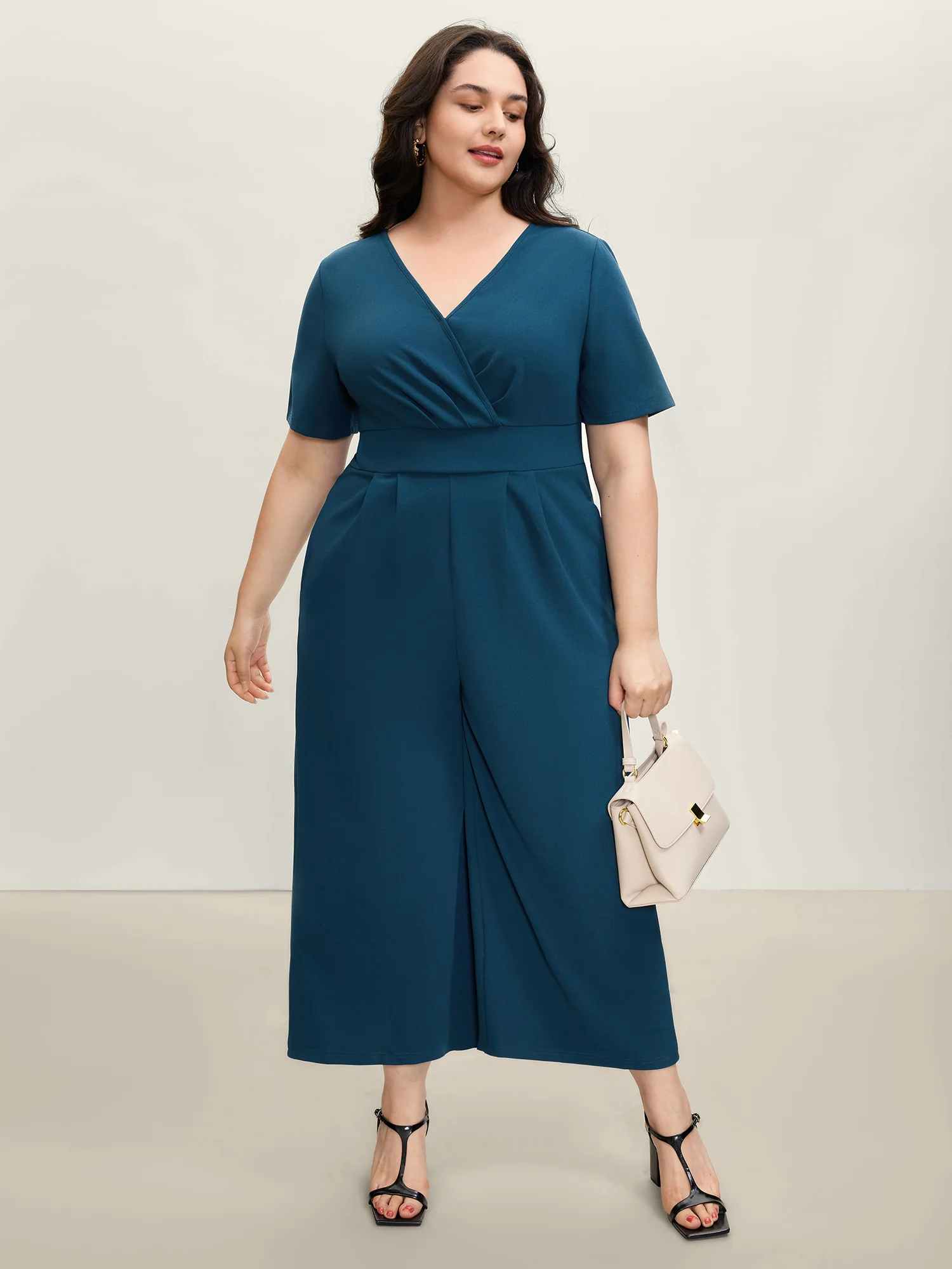 Shirred Waist Surplice Wide-Leg Jumpsuit