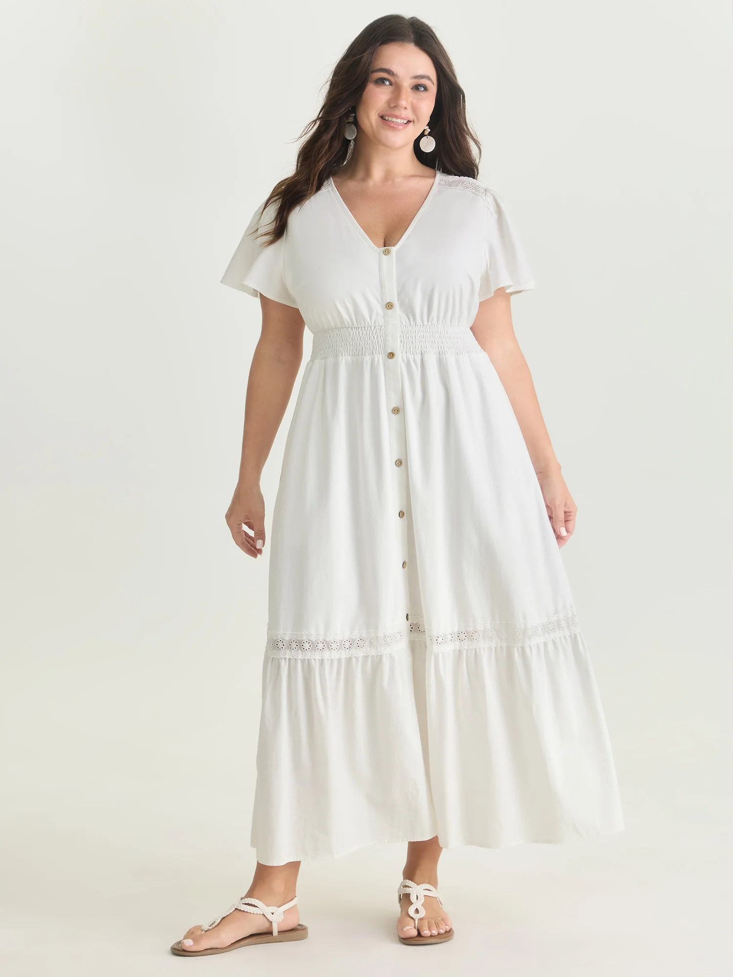 Shirred Waist Tiered V-Neck Maxi Dress