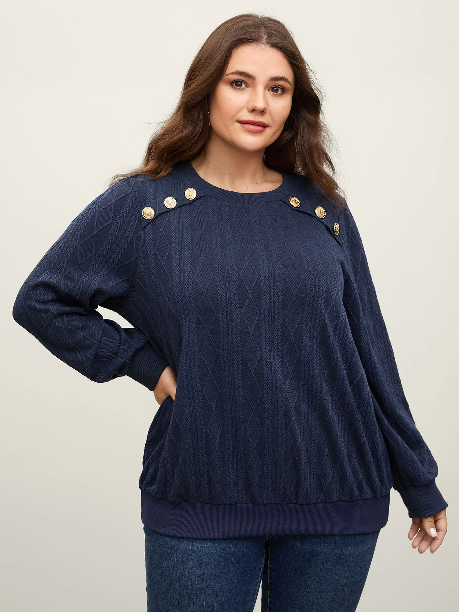 Shoulder Button Textured Solid Sweatshirt