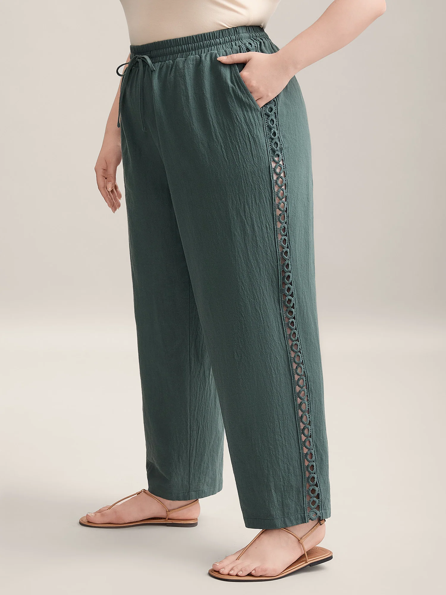 Cotton Side Lace Straight-Fit Plain Pants