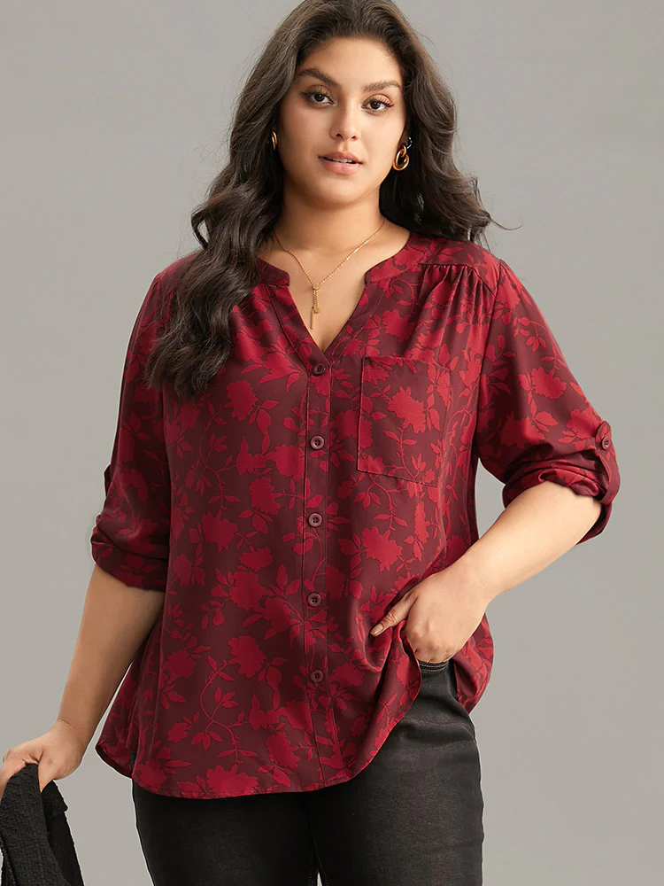 Silhouette Floral Print Gathered Tab Sleeve Blouse