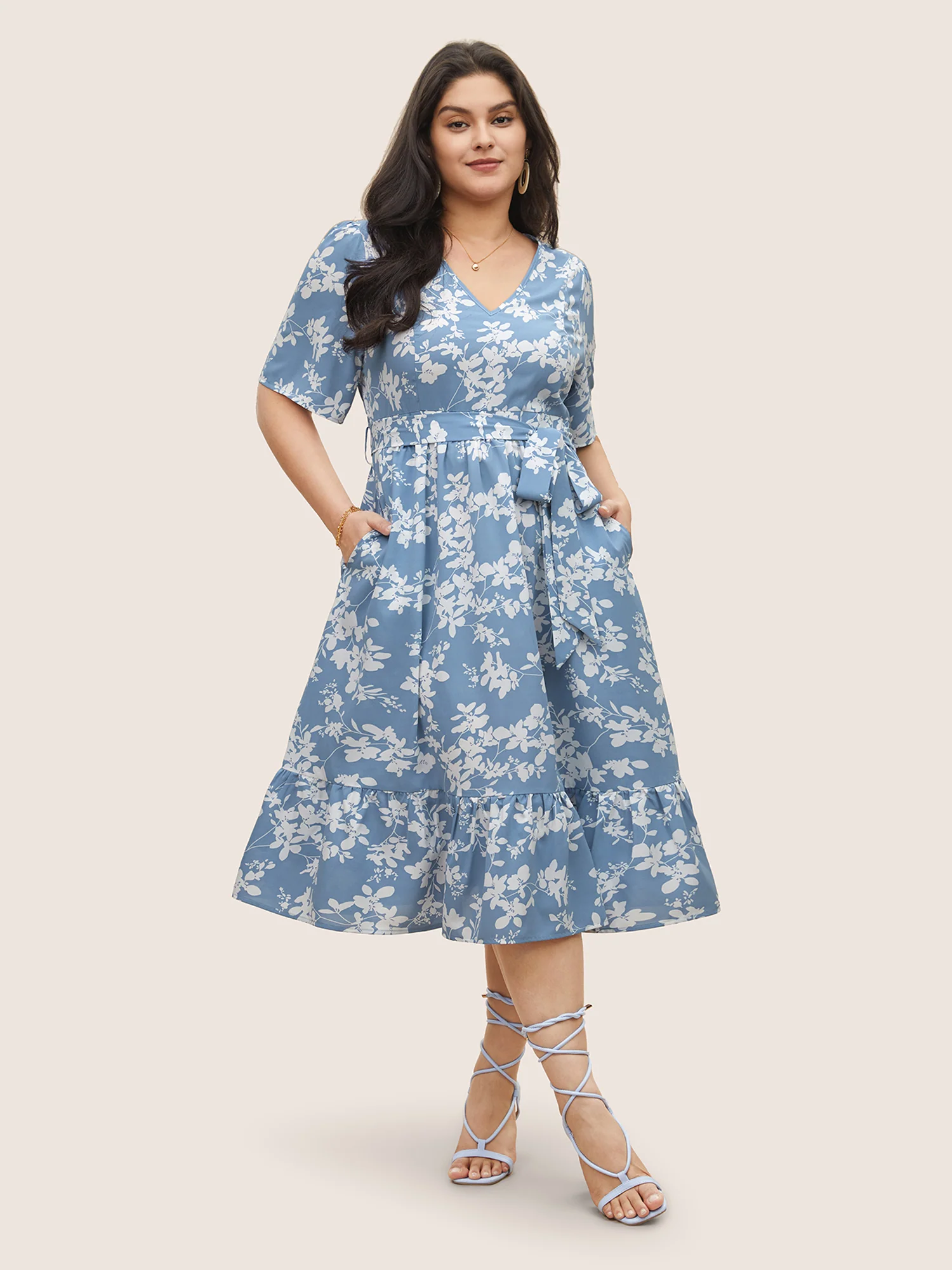 Silhouette Floral Print Patchwork Elastic Waist Dress