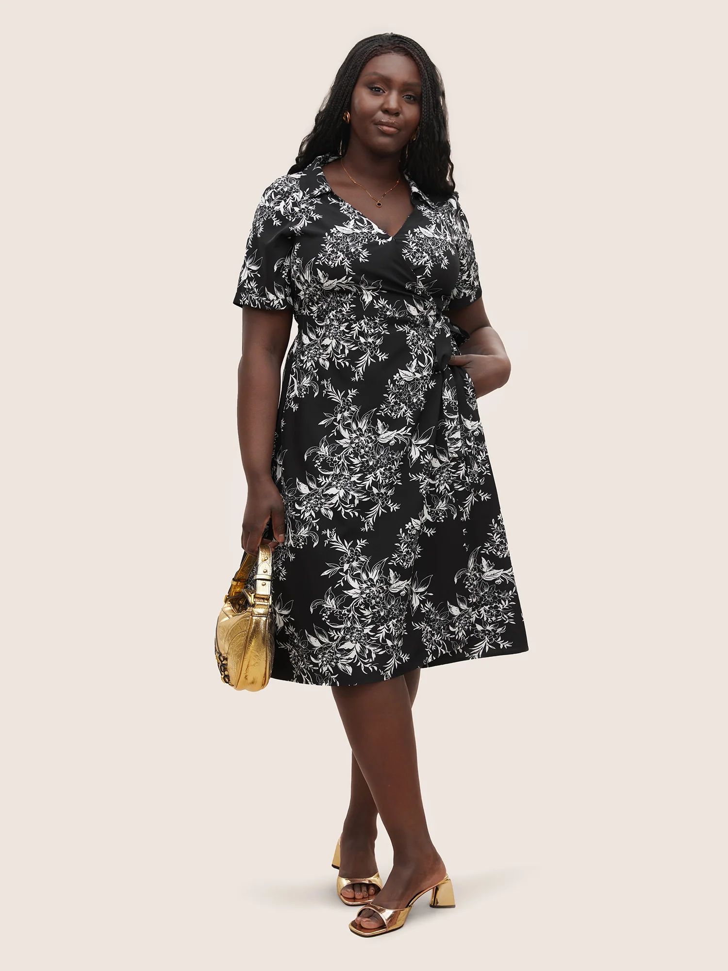 Silhouette Floral Print Ties Lapel Collar Dress