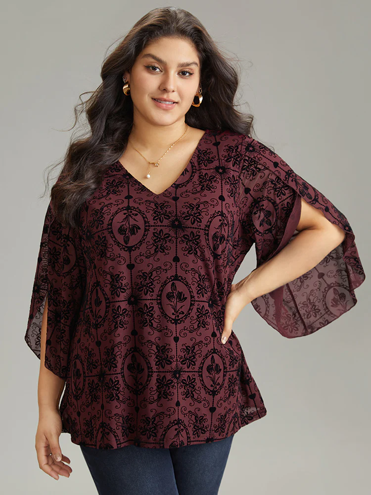 Silhouette Floral Print V Neck Petal Sleeve Blouse