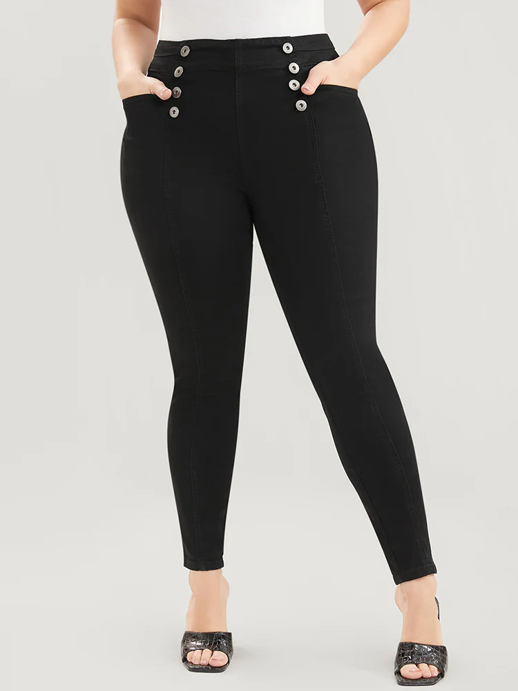 Skinny Slightly Stretchy High Rise Black Wash Button Detail Pocket Jeans