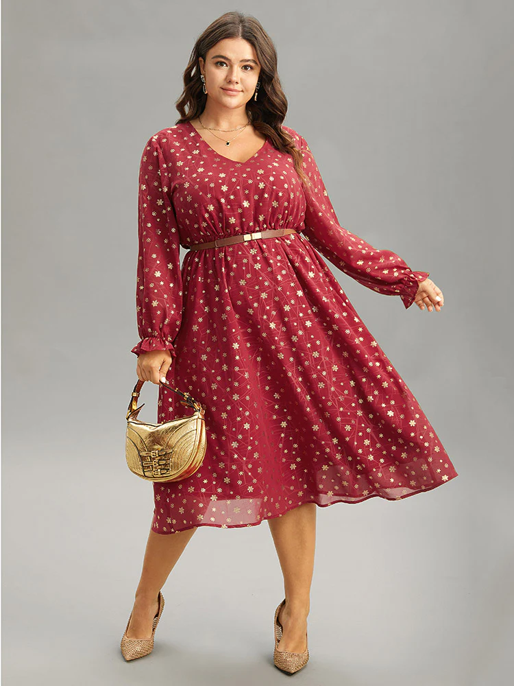 Snowflake Glitter Mesh Gathered Ruffles Dress