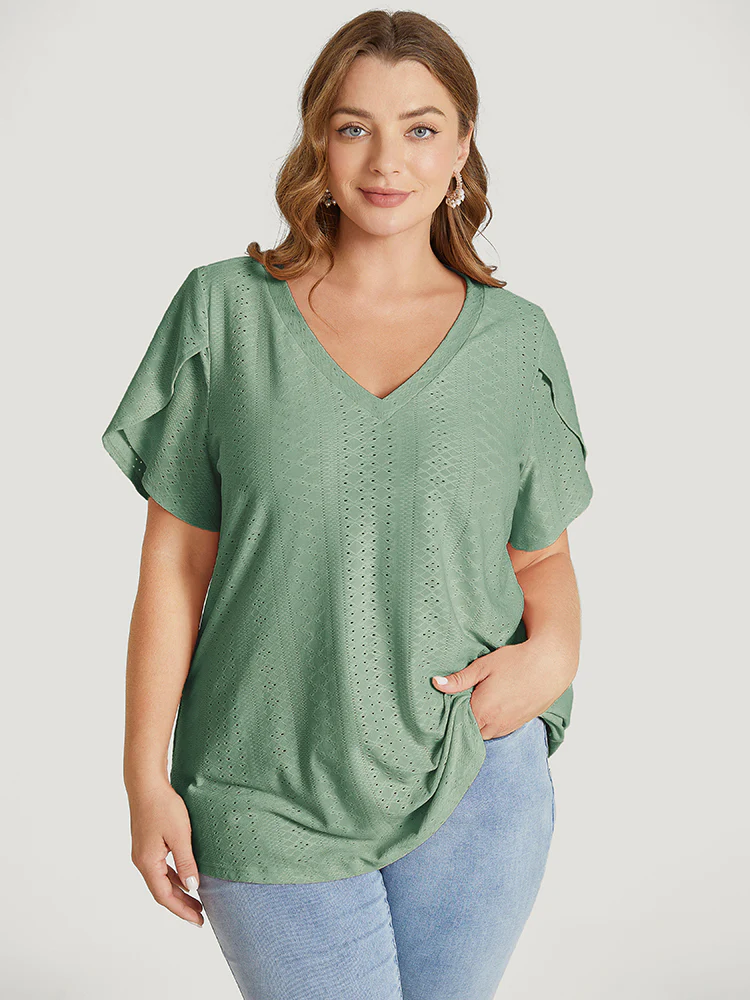 Solid Broderie Anglaise Split Sleeve T-shirt